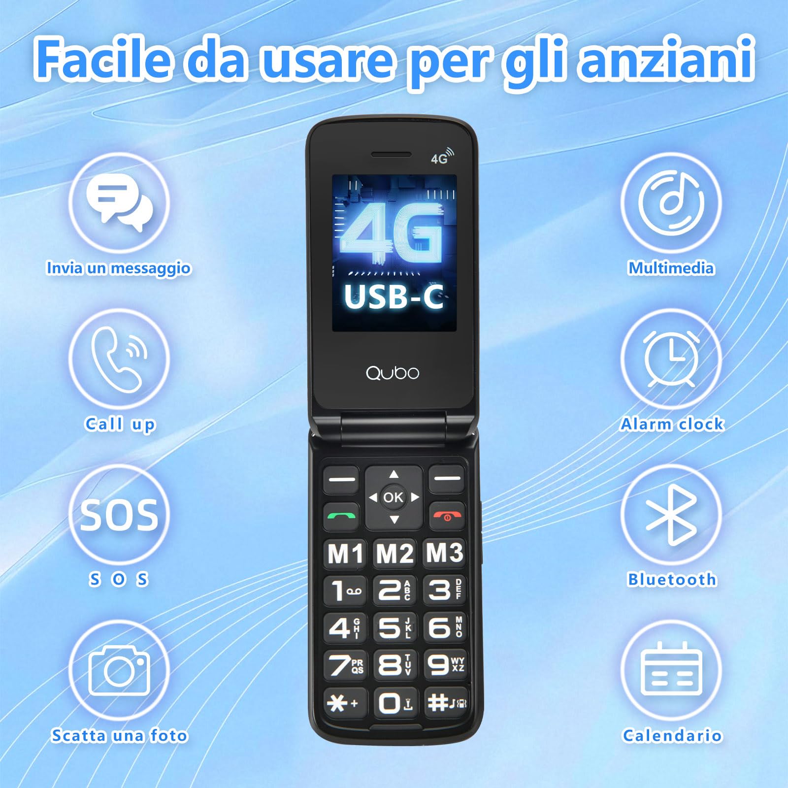Qubo GSM Telefono Cellulare per Anziani 4G,Flip phone Telefoni Cellulari Tasti Grandi,Volume alto,Funzione SOS, 2.4"+1.77 Contatti con Immagini,Chiamata Rapida,Cellulare anziani Nero