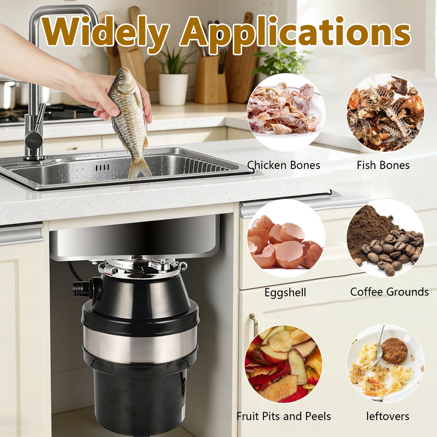 Dissipatore di rifiuti alimentari, 1,4 L 560 W, in acciaio inox, da cucina, sotto il lavello, con interruttore dell'aria integrato con anti-bloccaggio e protezione da sovraccarico, efficiente ad alta