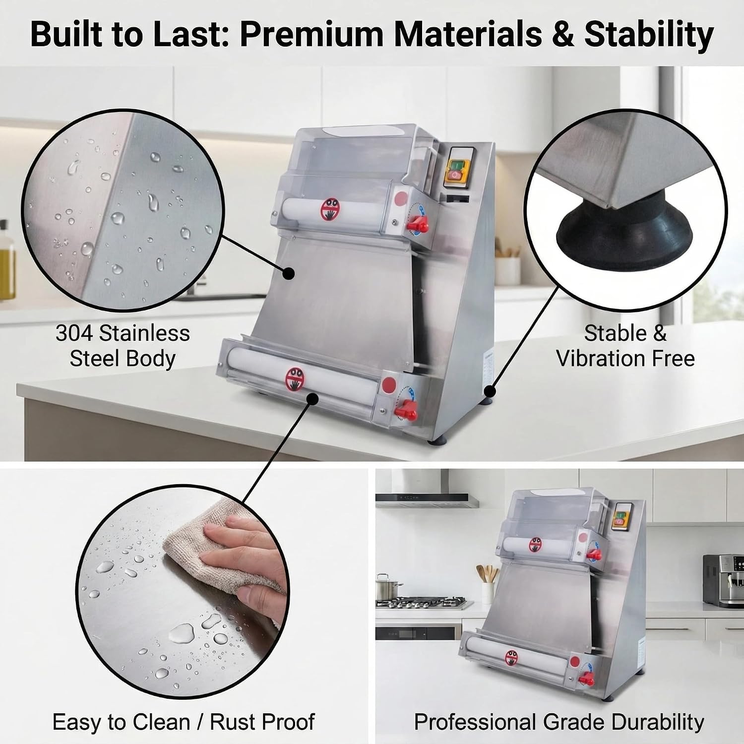Commercial Dough Sheeter - 15.7" Electric Pizza Dough Roller Machine, 370W Stainless Steel Press with Dual Rollers, Adjustable Thickness (0.7-5.4mm) for Large Pizza, Pasta, Flatbread & Bakery