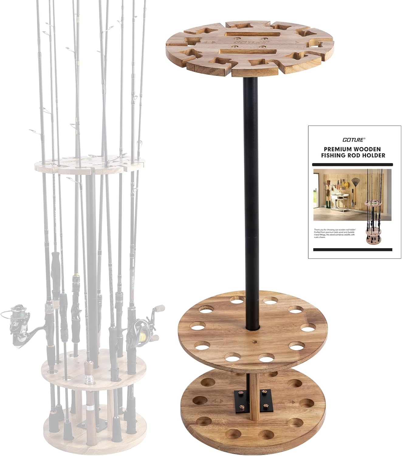 Goture Round Fishing Rod Holders for Garage, Floor Stand Holds up to 10 Rods, 2 Built-in Grooves, Solid Rubber Wood Fishing Gear Equipment Storage Organizer, Ideal Fishing Gift for Men Women