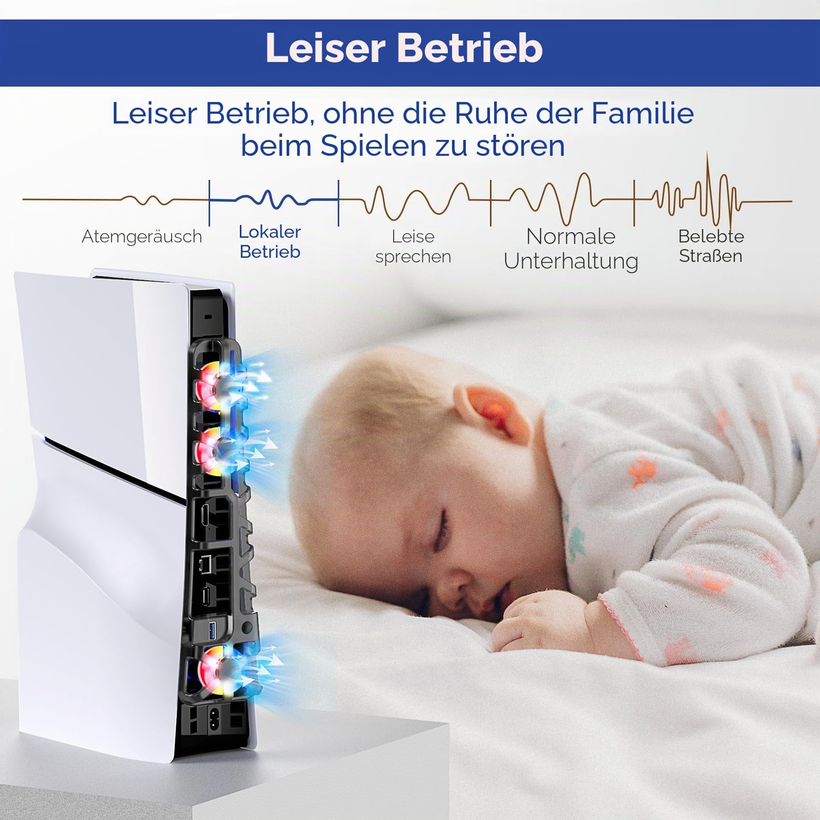 FASTSNAIL LED Lüfter für PS5 Slim Konsole, Leiser Kühler mit Speicherfunktion, Zubehör mit 3 Lüftern & USB 3.0 Port kompatibel mit Playstation5 Slim Digital & Discs Edition（Farbe LED）