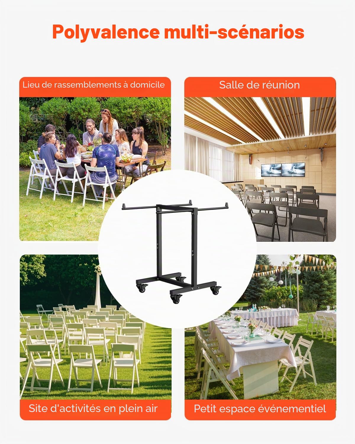 VEVOR Chariot de Chaise Pliante, Capacité de Charge 90 kg, Support Robuste pour 14 Chaises, Organiseur de Rangement Multifonction Métallique en Forme de T avec Roues, pour Salle à Manger, Noir Mat