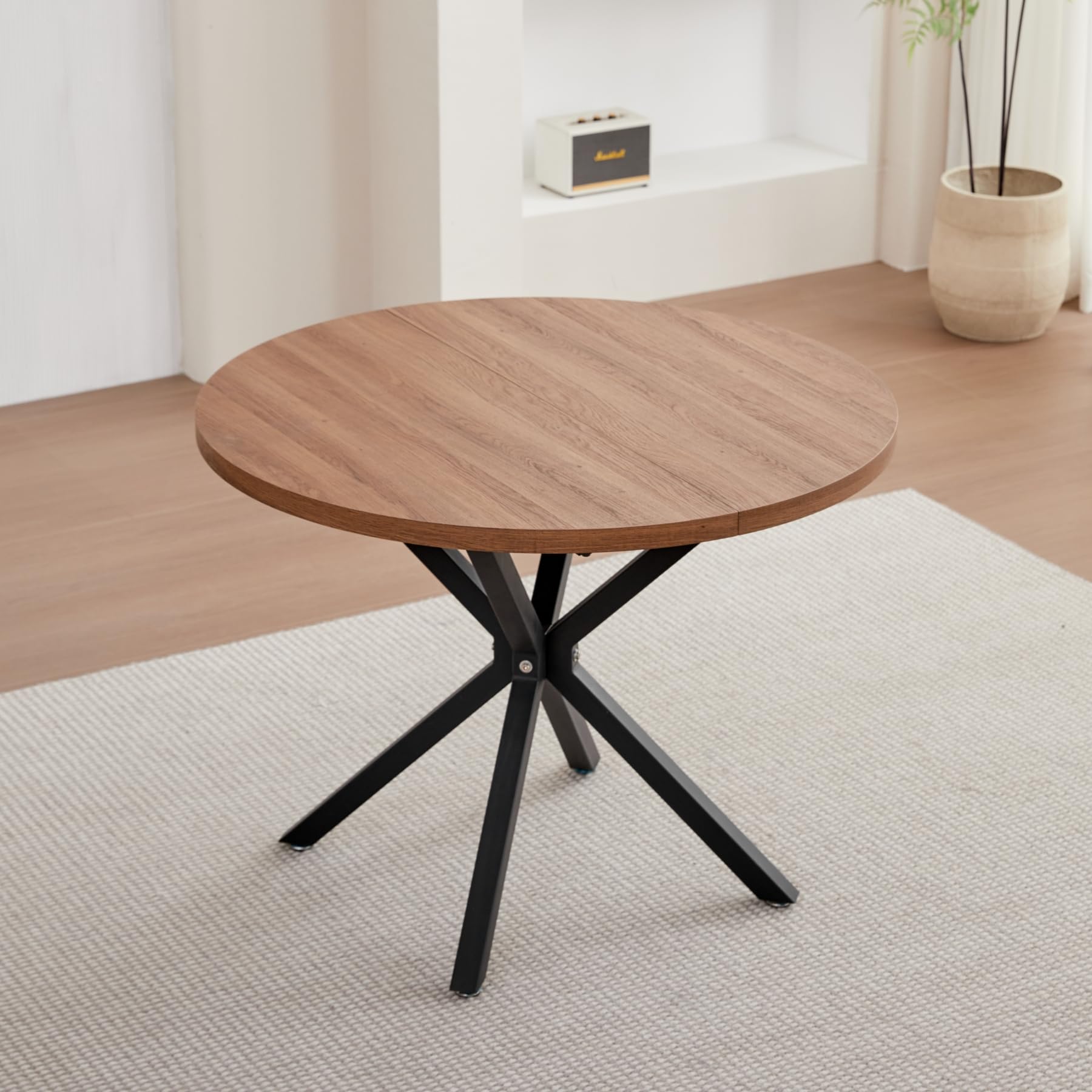 GrandCA HOME Mesa de Comedor Redonda con Tapa Moderna con Rfecto MDF, Mesa de Comedor de Cocina con Cuatro Patas de Metal, para Comedor, Sala de Estar, Marrón Oscuro