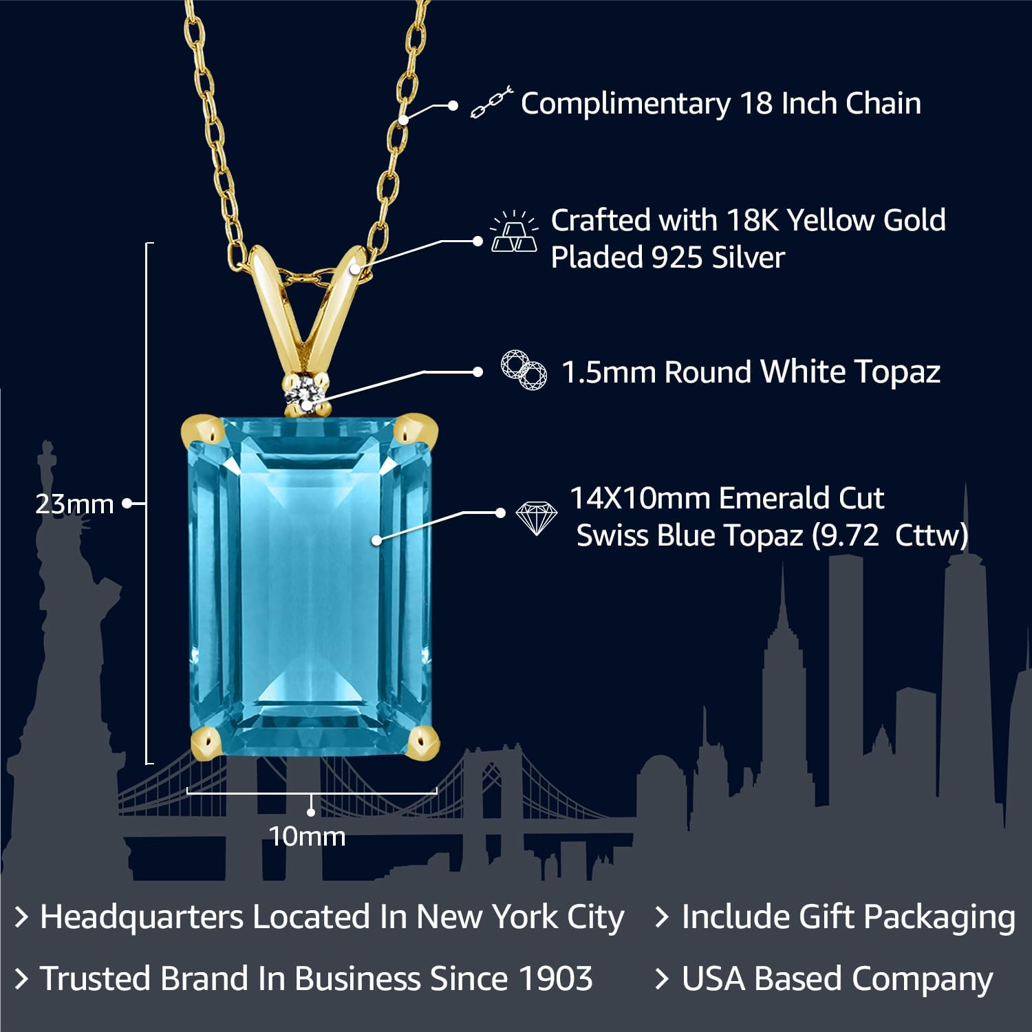 Gem Stone King 9.72 Cttw Swiss Blue Topaz Pendant Necklace For Women In 18K Yellow Gold Plated Silver | Gemstone November Birthstone | Emerald Cut 14X10MM | With 18 Inch Silver Chain