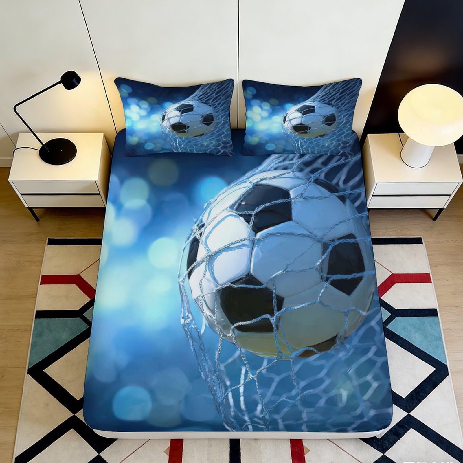 3D Printed Football Goal Fitted Sheet Microfiber Soft Blue Soccer Net Bed Cover for Bedroom Dorm Mattress Protection 90x200x25cm