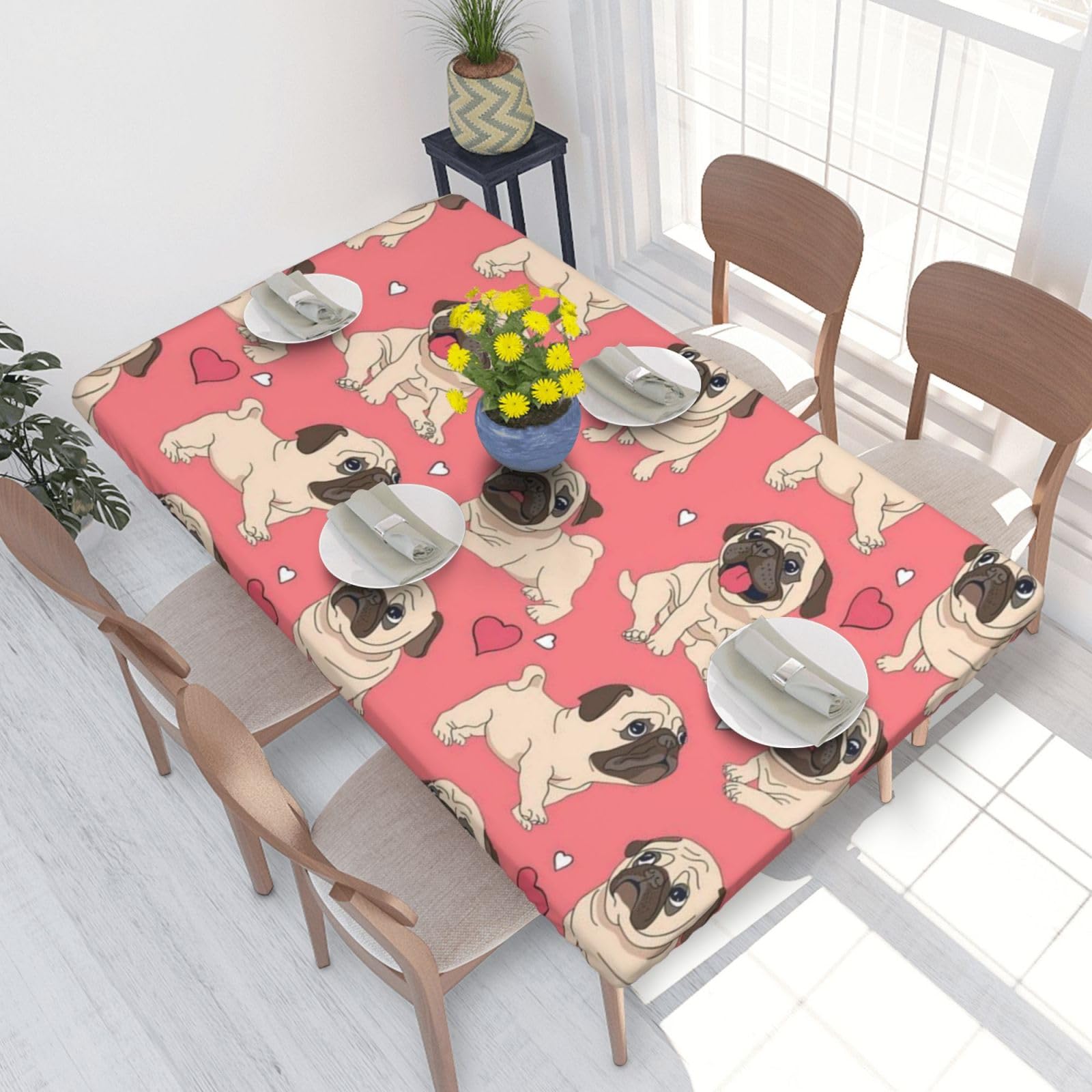 BNVSADC Funny Cartoon Pug Puppy Dog Printed 4FT Tablecloth 122x76 CM Polyester Kitchen Water Resistant Table Cloth Dining Table Decoration Table Covers