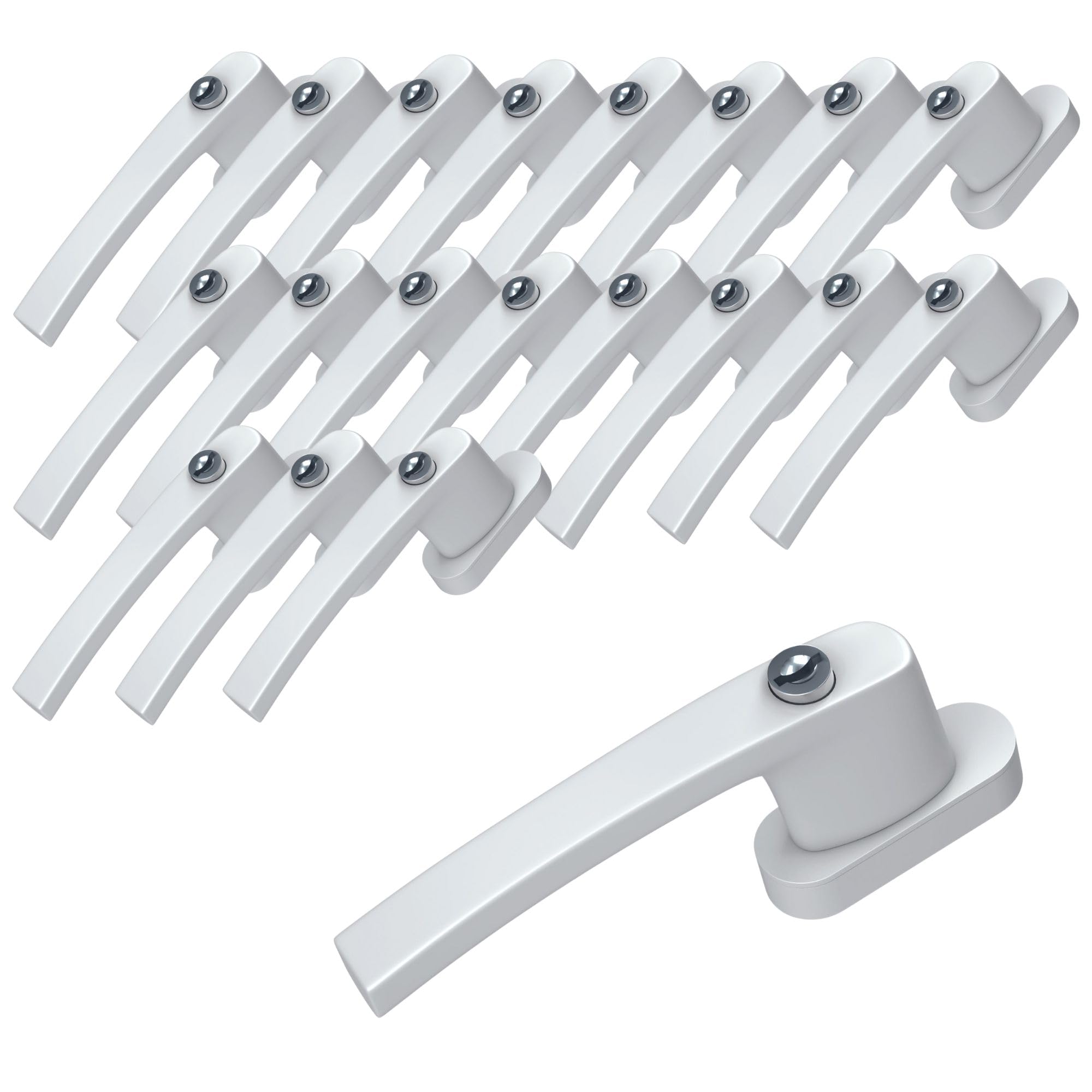 BASI Set di 20 maniglie per finestre con serratura, colore bianco o argento, in alluminio, con maniglia per porta del balcone, sicurezza per bambini, lunghezza perno 35 mm, maniglia per porta della
