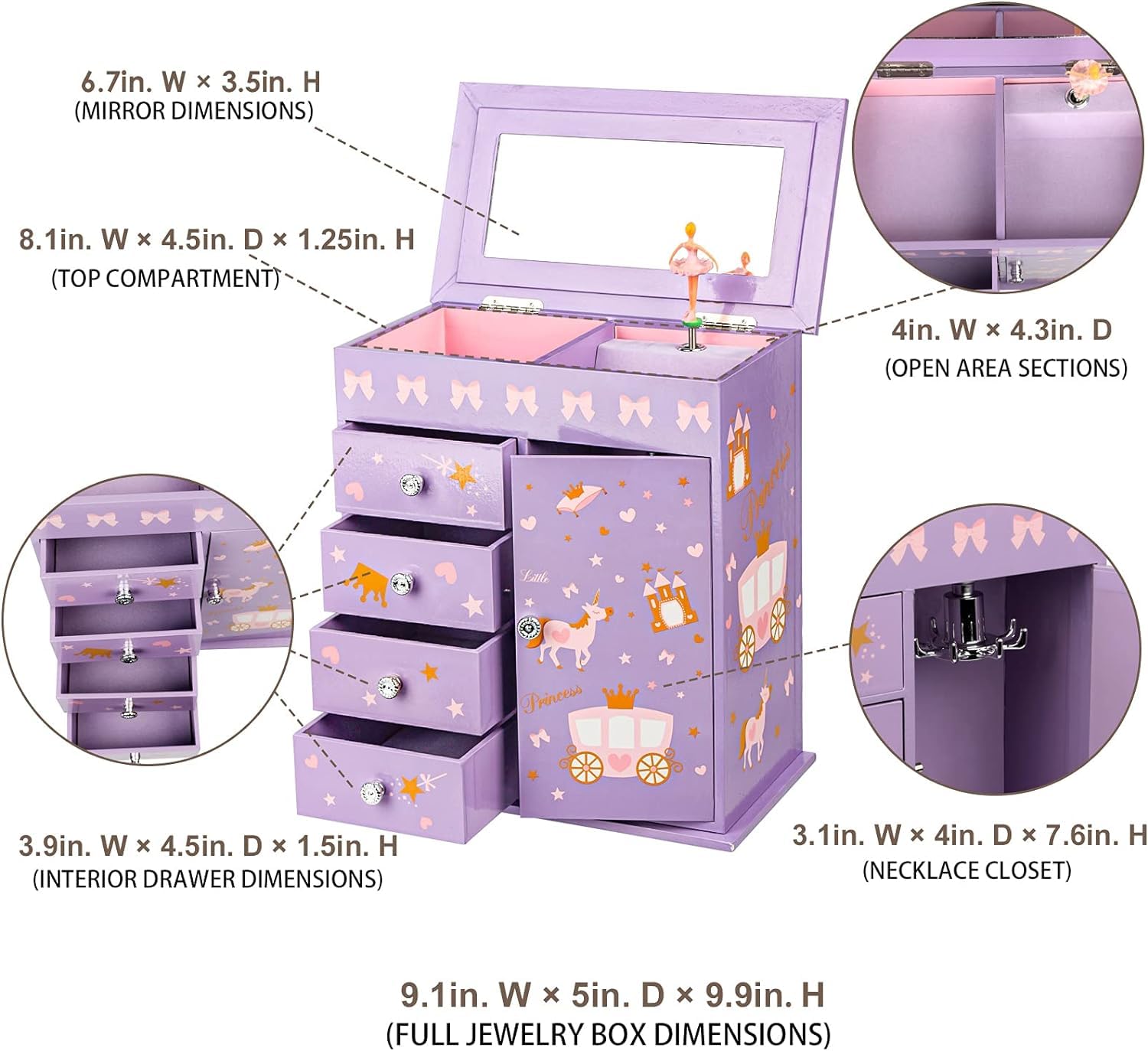 Caja de Joyas para Niñas con Música de Princesa y Sirena, Regalo de Cumpleaños 3-12 Años