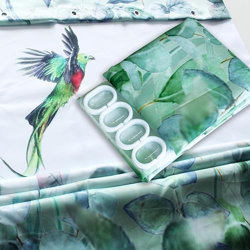 Miniatura 8 de Cortina de ducha con hojas verdes, diseño de pájaro esmeralda, verde menta, 72 pulgadas de ancho x 72 pulgadas de largo, con 12 ganchos, cortina de
