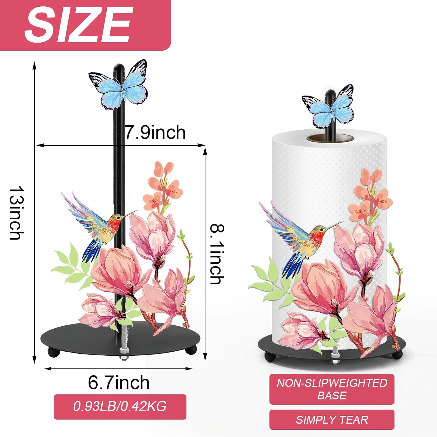 Whaline Pink Floral Hummingbird Paper Towel Holder Spring Flower Bird Large Metal Towel Holder Stand for Home Party Kitchen Bathroom Countertop Decor Accessories image 2