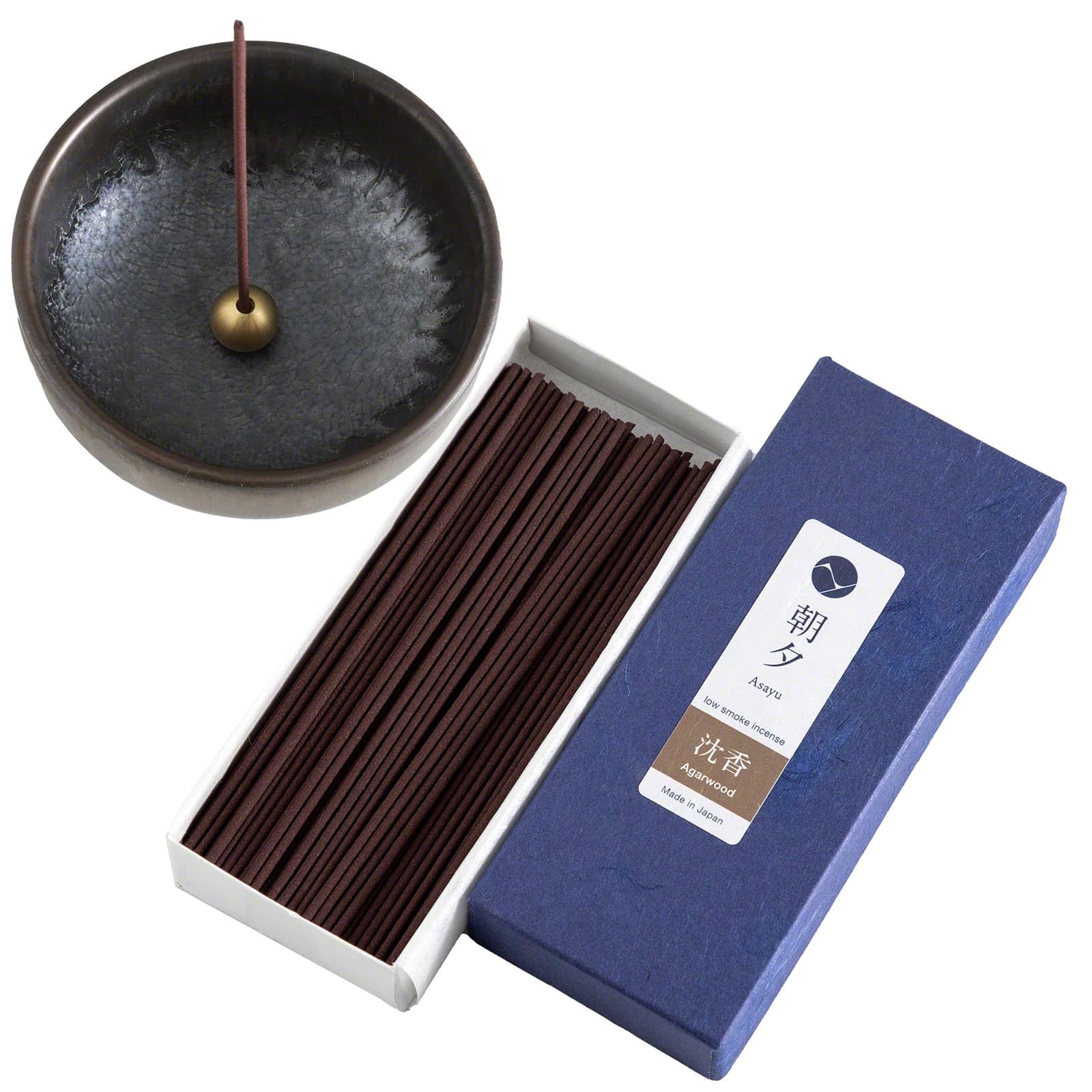 Asayu Japan Set Regalo Bastoncini di Incenso a Basso Fumo e Portaincenso in Ceramica con Supporto in Ottone - Bastoncini di Incenso al Legno di Agar + Portaincenso Zen Tradizionale Gift Set