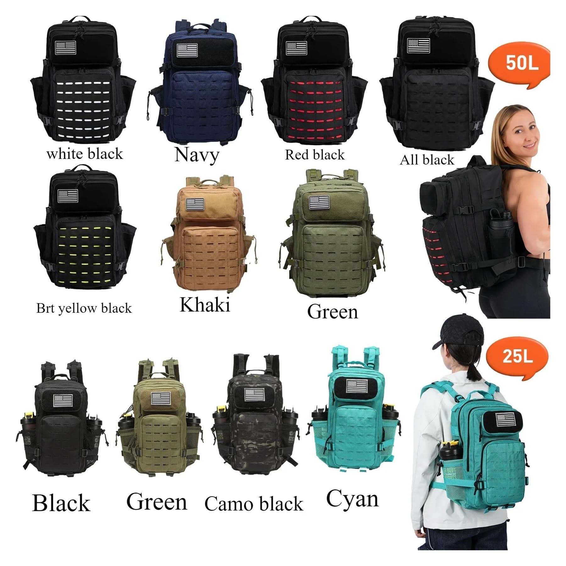 Zaino da palestra impermeabile 25 l/50 l con 2 portabottiglie