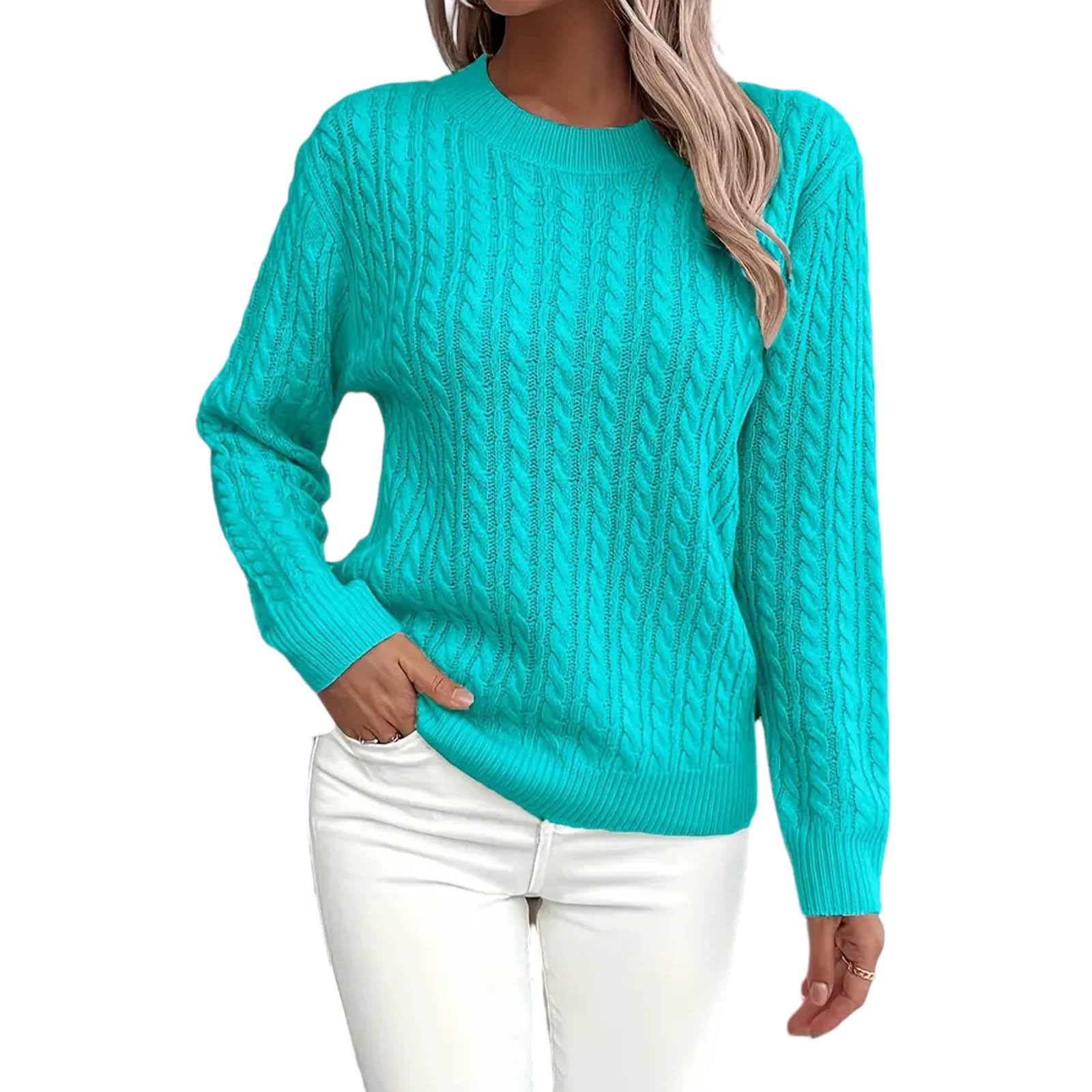 Womens Dressy Fitted Cable Knitted Sweater Lightweight Soft Classic Casual Long Sleeve Pullover Trendy Fall Outfits Blouse