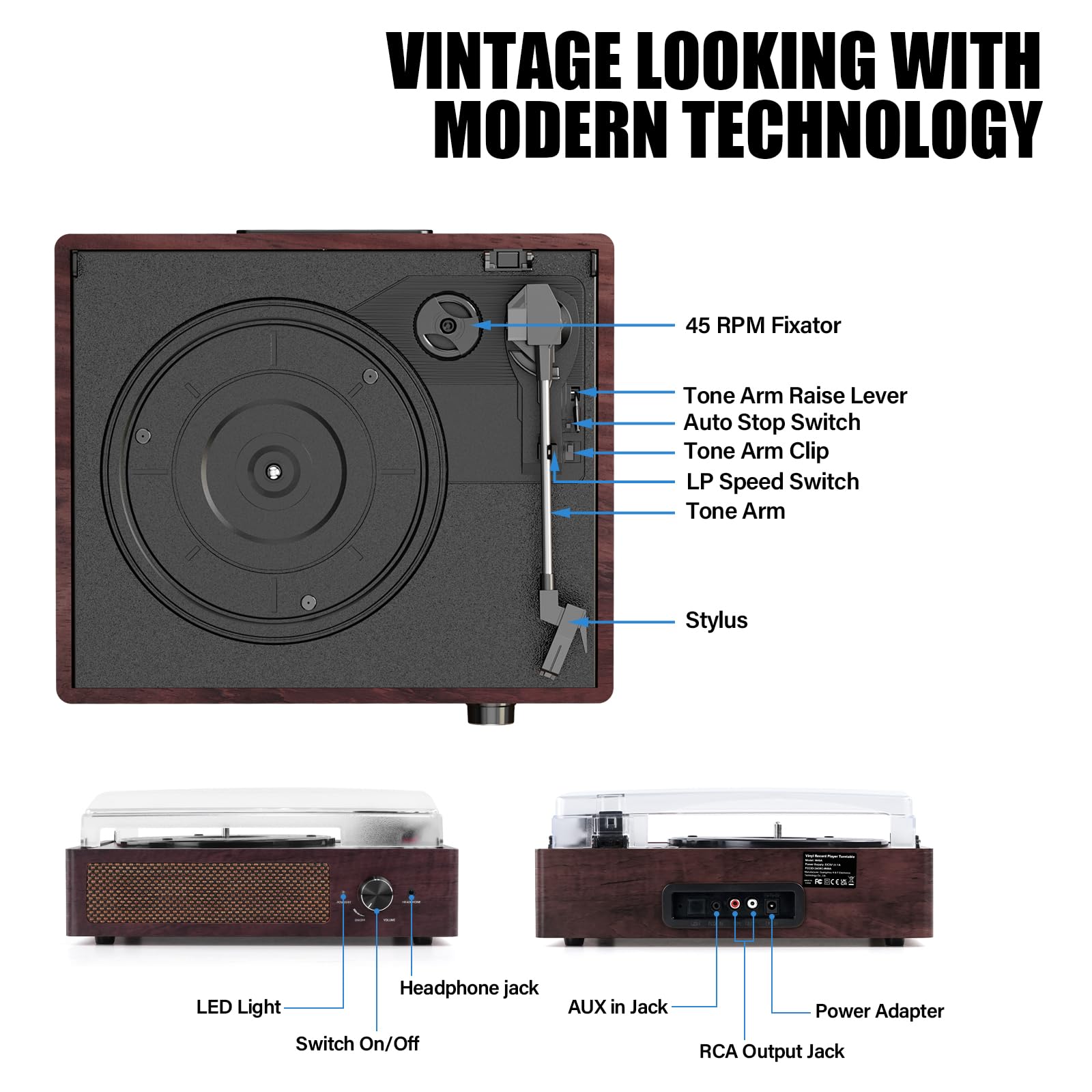 Tocadiscos con altavoces, maleta Bluetooth de 3 velocidades, reproductor de  discos de vinilo portátil, conducido por correa, salida de línea RCA