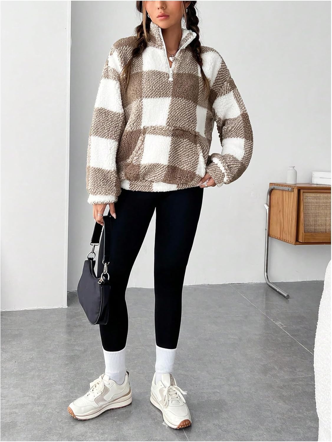 Verdusa Women's Plaid Fleece Sweatshirts Warm Winter Clothing Quarter Zip Pullover with Pockets - Image 7