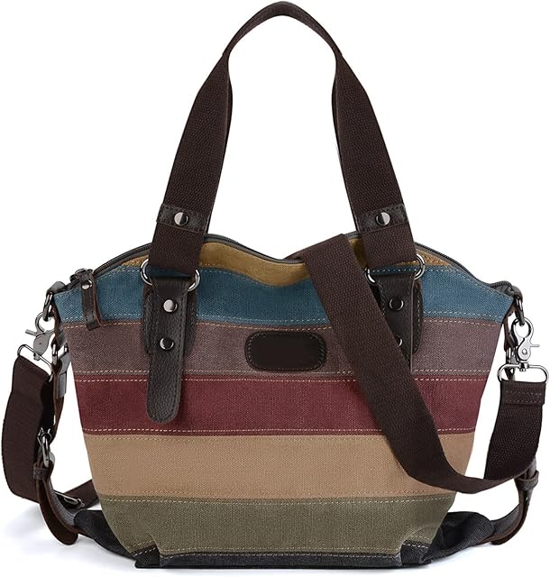 Women's Handbag Canvas Bag Shoulder Bag: Multi-Colour Canvas Women's Bag Colourful Striped Shoulder Bag Women Tote Shopper Bag Crossbody Bag with Handle for Work School Shopping