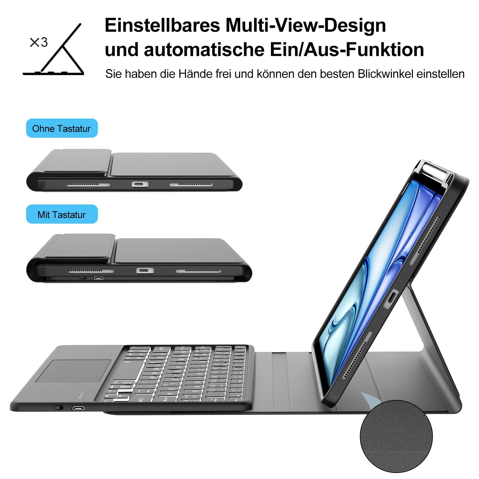 Custodia con tastiera per iPad Air 11" M4/M3/M2 (2024-2026), touchpad/illuminazione | Custodia con portapenne, tastiera QWERTZ Bluetooth magnetica per iPad Air 8/7/6. generazione 11 pollici M4/M3/M2