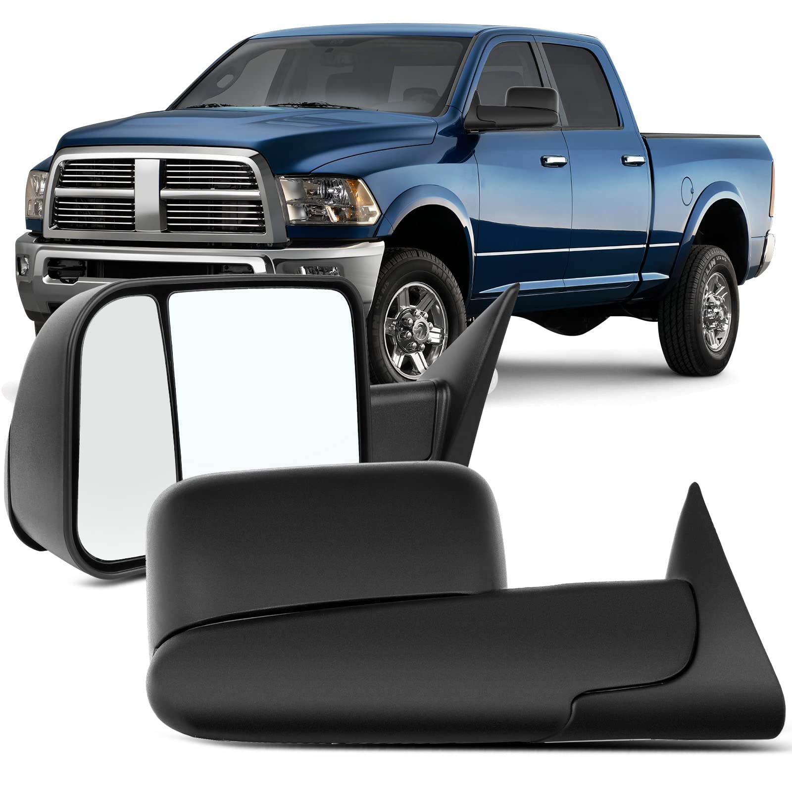 OCPTY Towing Mirrors with Power Heated Drive Passenger Side Tow Mirrors Compatible with 1998-2001 for DODGE for Ram 1500/2500/3500 Truck with Black housing