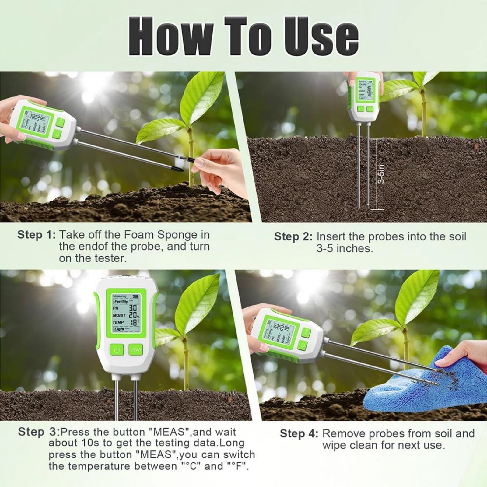 Medidor De Humedad del Suelo 5 En 1, Medidor Digital De PH del Suelo, Probador De Humedad del Suelo De Mano emperatura Y Luz Solar para Jardín, Plantación Y Macetas