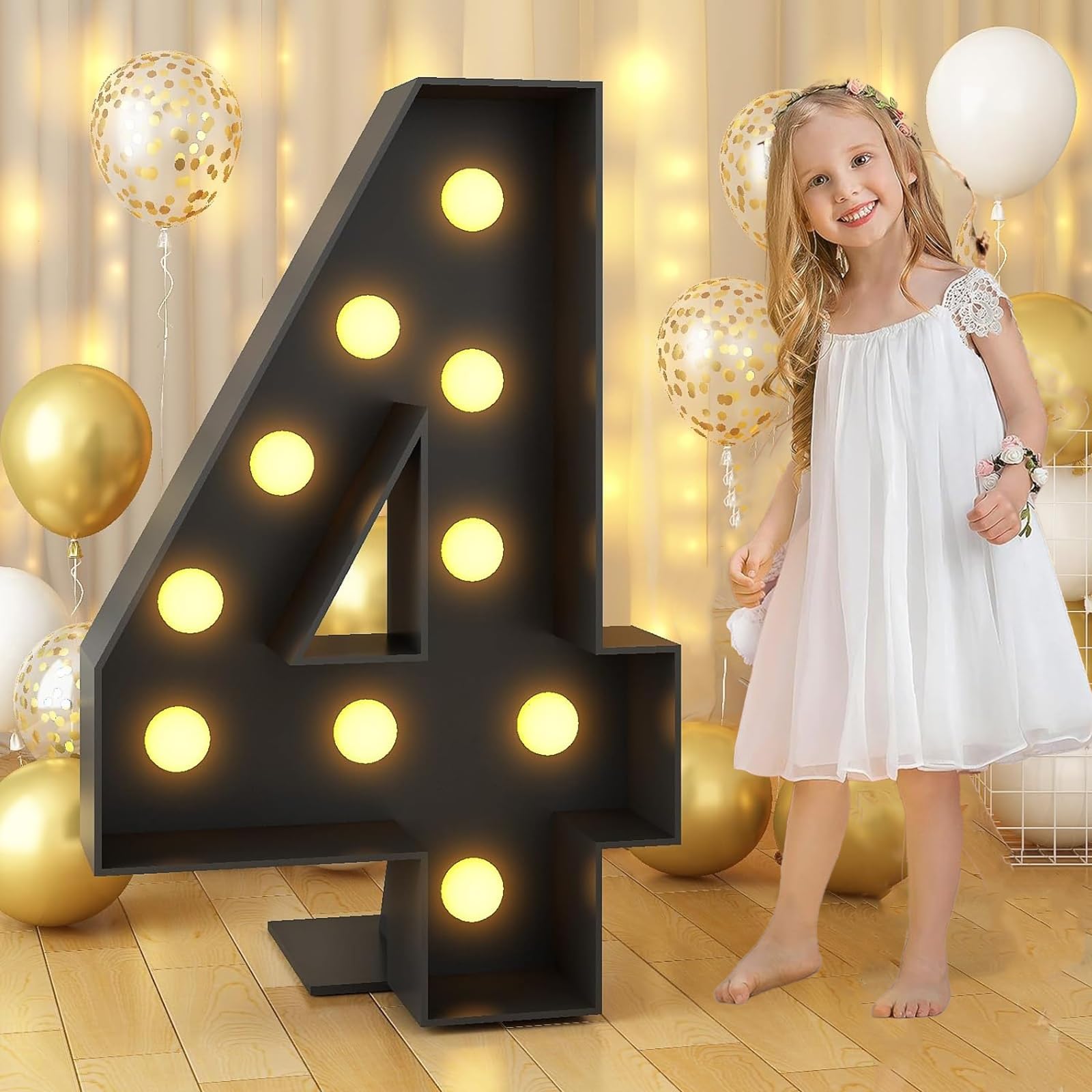 Tashace Marquee Numbers Light Up Letters Black Party Decoration for 1st 16th 18th 21st Birthday Anniversary Backdrop Cardboard Sign Mosaic Balloon Frame(Number 4,120cm/4FT)