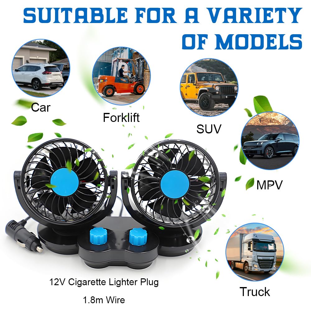 Ventilatore Auto a Doppia Testa 12V, 360° Ruotabile Ventilatore Silenzioso Potente, 2 Velocità con Presa Accendisigari, Potente e Silenzioso, per SUV RV ATV Camion Campe