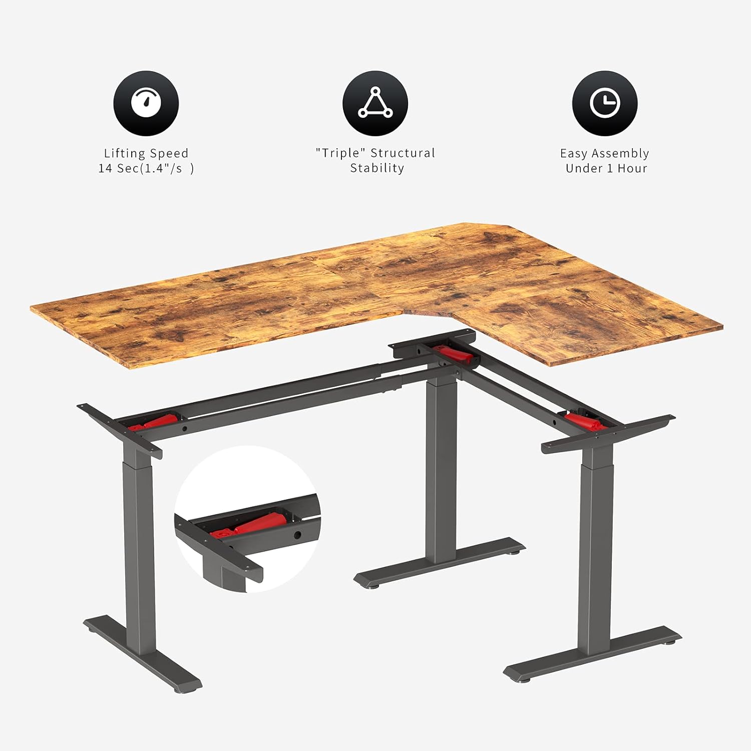 BANTI Triple Motors L-Shaped Electric Standing Desk, 63 Inches Adjustable Height Stand Up Desk, Sit Stand Home Office Desk with Rustic Brown Top/Black Frame