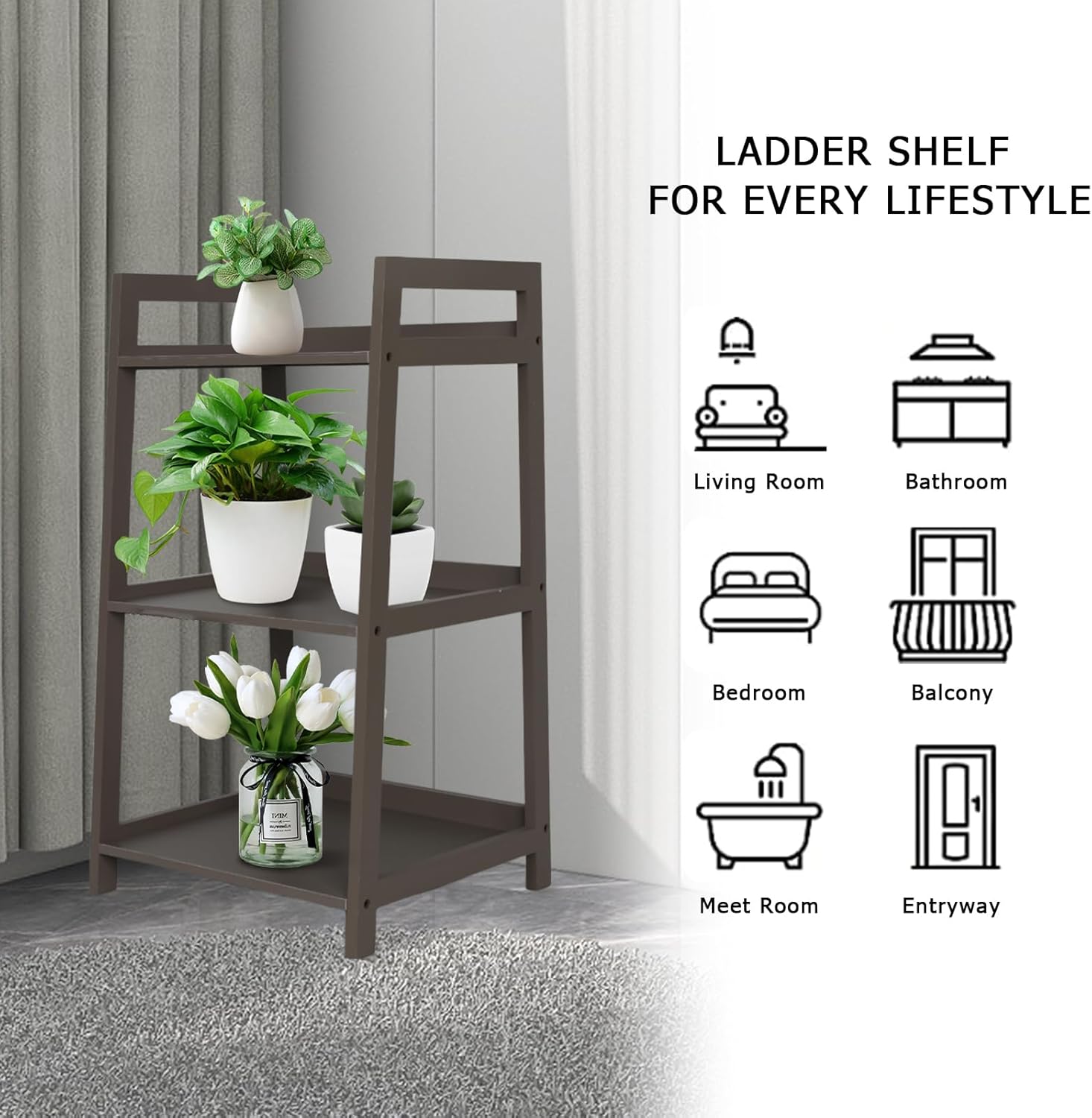 ECOMEX 3-Tier Ladder Shelf Modern Style Shelf, Ladder Bookshelf Open Storage Rack Wood Ladder Shelf with Solid Pine Frame, Freestanding Ladder Shelves for Home Office, Bedroom (Brown)