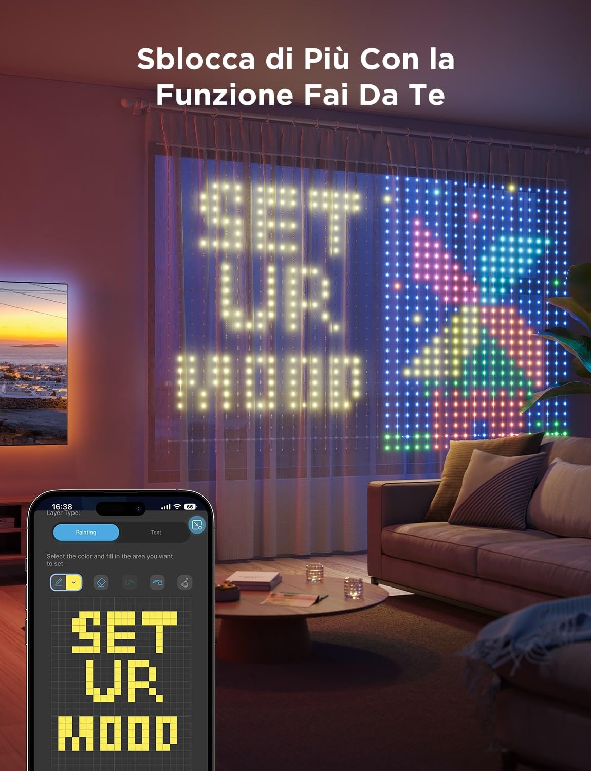 Govee Curtain Lights 3×2m, Tenda LED Intelligente con GIF Fai da Te, Lucine che Cambiano Colore RGBIC, Decorazione Dinamica Intelligente, Impermeabile IP65, Compatibile con Alexa, 1040 LEDs