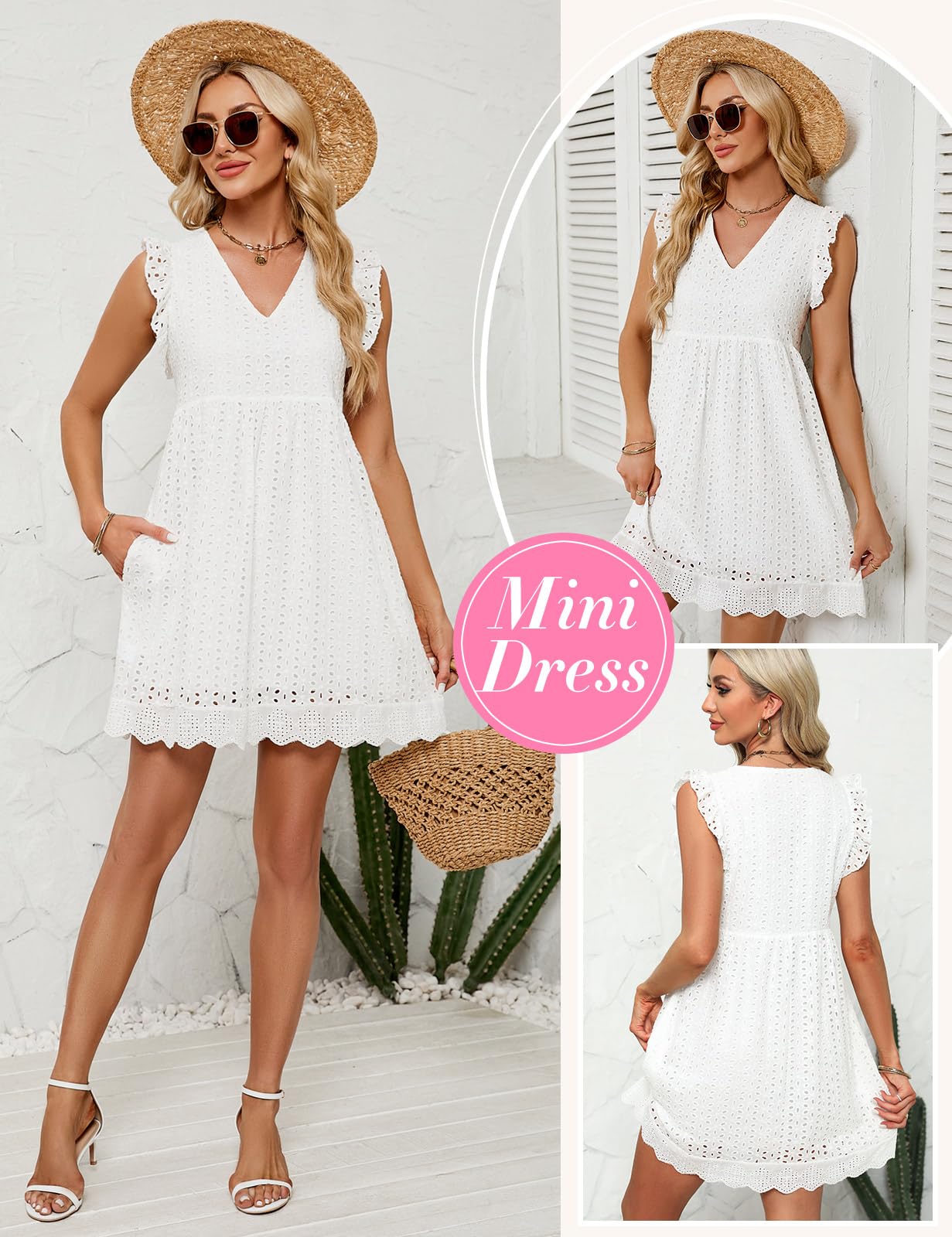 heekpek Abito Estivo Donna Scollo a V Vestito Corto Donna Cotone Senza Maniche con Volant Abiti Leggero Jacquard Abito a Canotta Casual Abito Mare da Spiaggia con Tasche