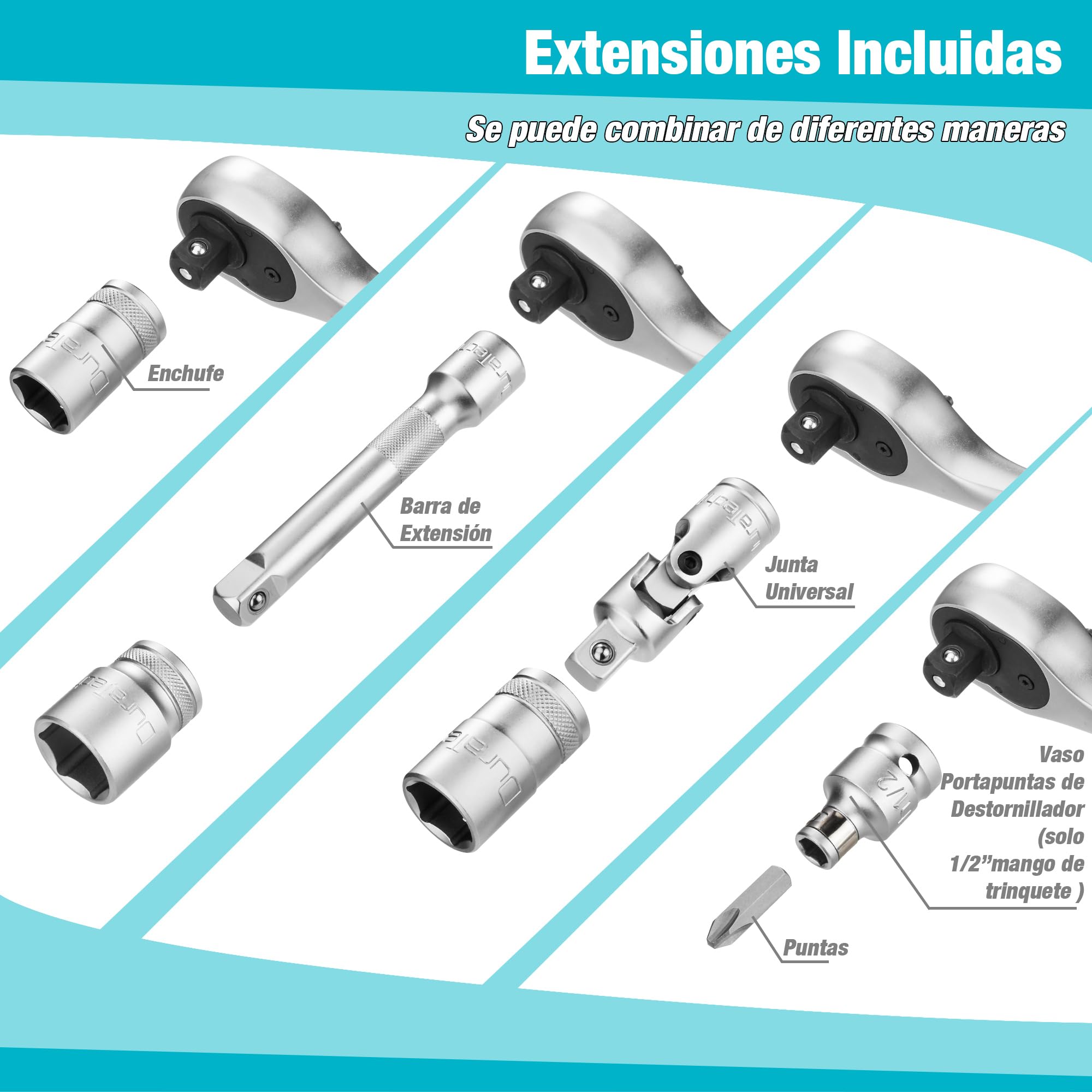 DURATECH Juego de Llaves de Vaso de 108 Piezas, 1/2" y 1/4" | Carraca de 72 Dientes de Acero Cr-V con Caja, Destornillador y Puntas para Reparación Mecánica
