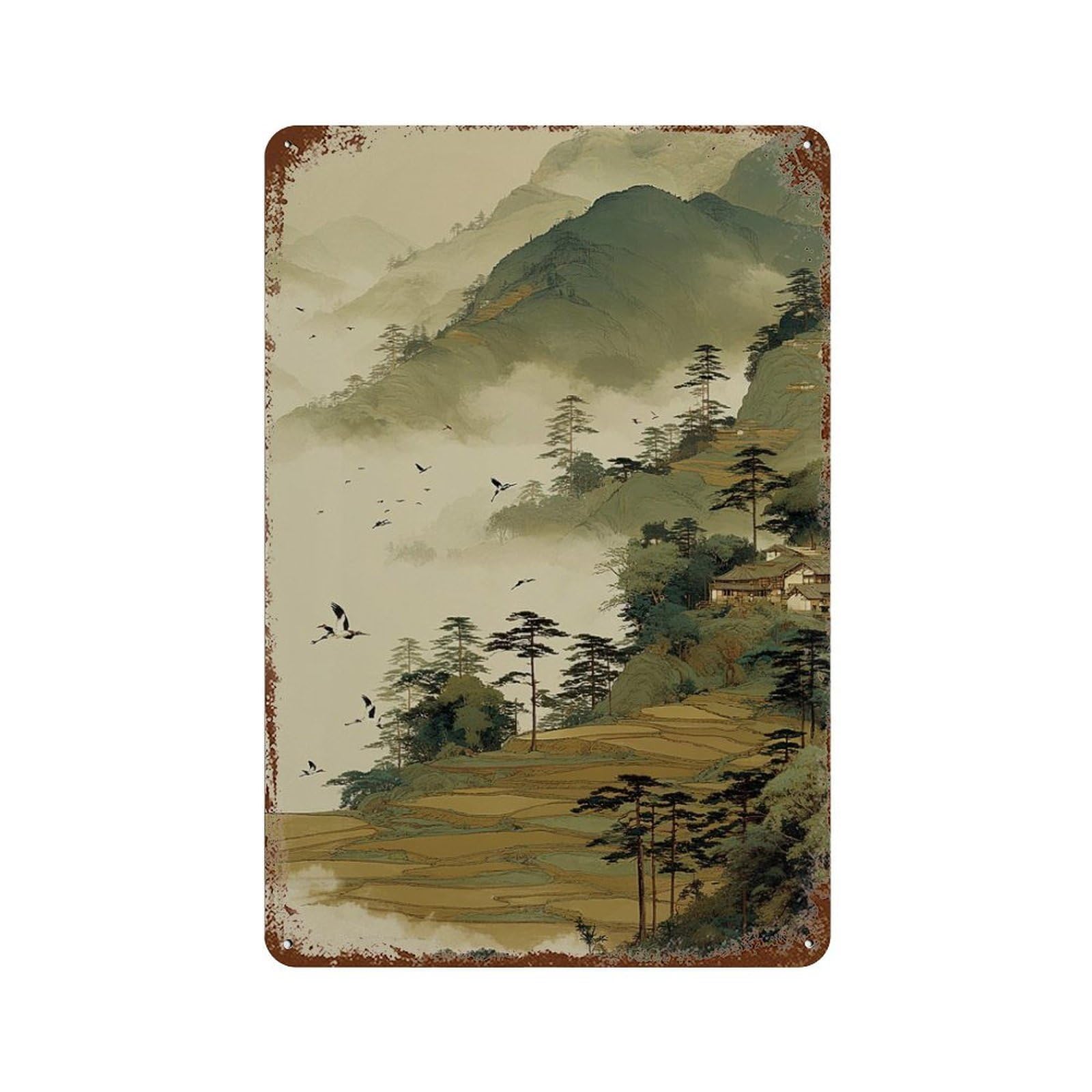 xiaoxiaoshen Japanese Mountain Landscape Misty Valley Nature Minimal Zen Interior Living Room Wall Decor Art Metal Tin Poster Modern Home Decor Art Home Bar Shop Decorations Vintage Sign 30x20cm
