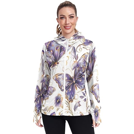 Qilmy Linda borboleta feminina FPS 50+ proteção solar UV moletom com capuz FPS manga longa 97