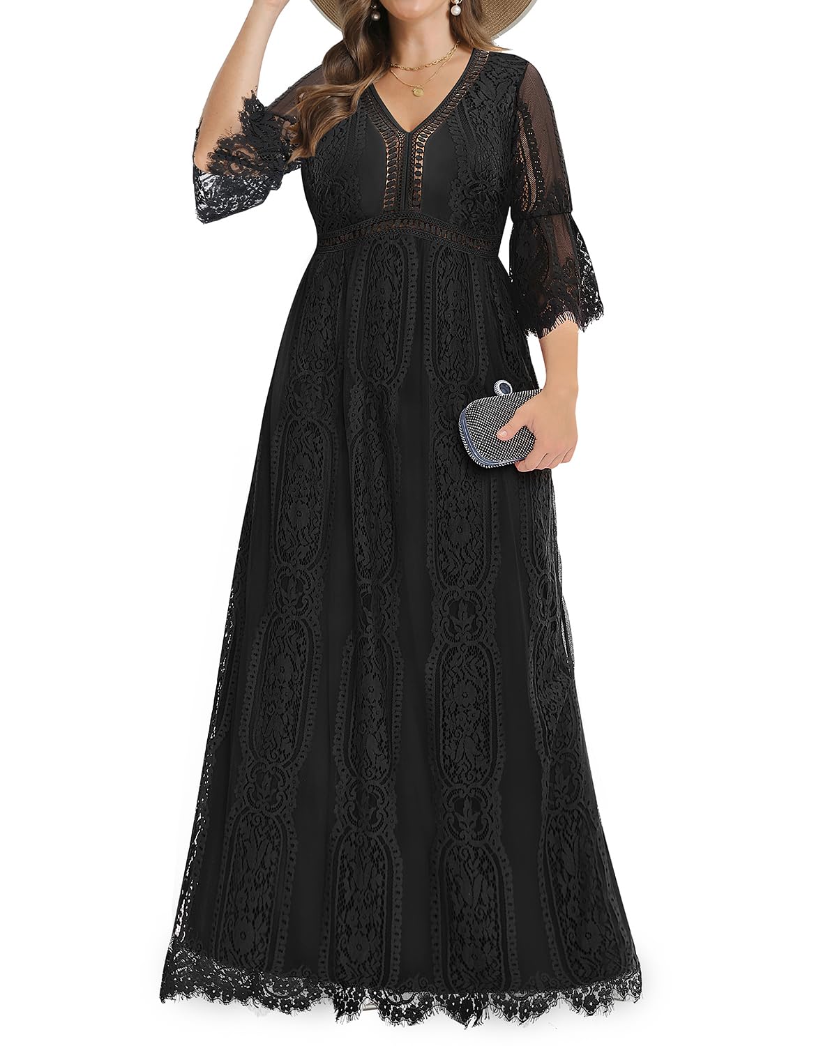 Pinup Fashion Vestido Largo de Encaje Floral Bohemio para Mujer, Talla Grande, con Cuello en V, Vestido de Fiesta