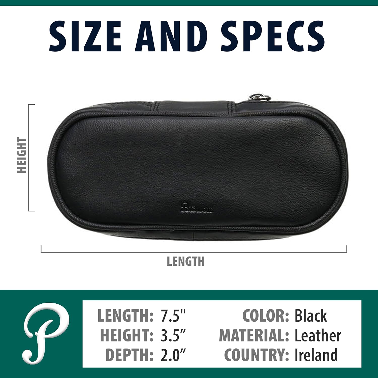 Peterson Classic 2 Pipe Pouch - Black Genuine Leather Protective Bag For Wood Briar Pipes, Zipper Closing, Easy Storage & Travel