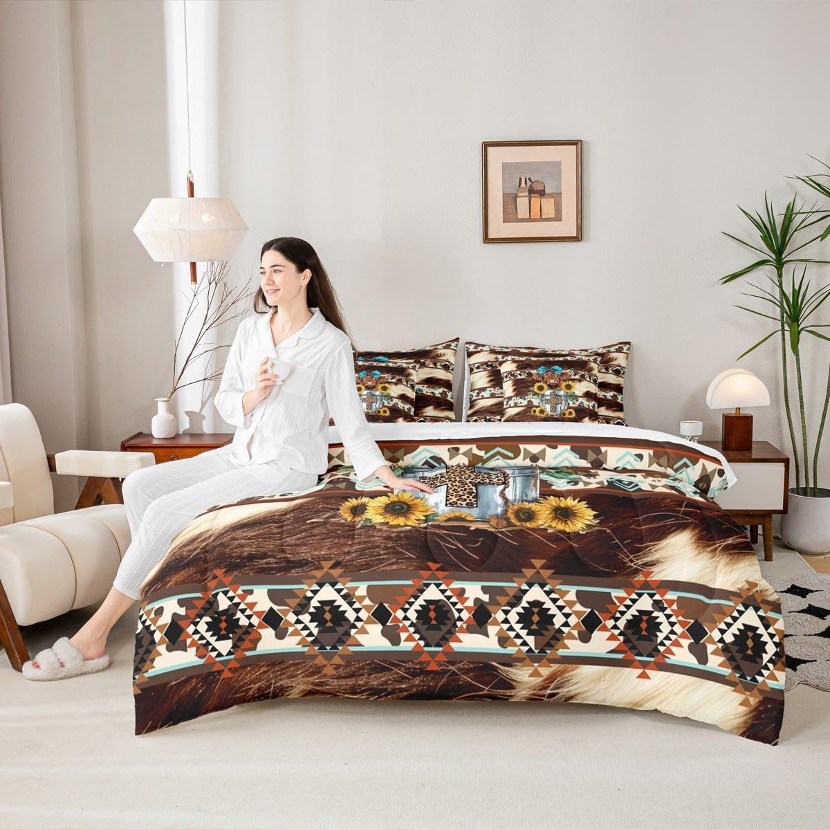 Feelyou Highland Cow Full Comforter Set with Sheets Cowhide Cow Print Vintage Animal Retro Fur 7 Pieces Bedding Set Boho Rustic Farmhouse Style Bed in a Bag Exotic Geometric Room Decor Western Aztec
