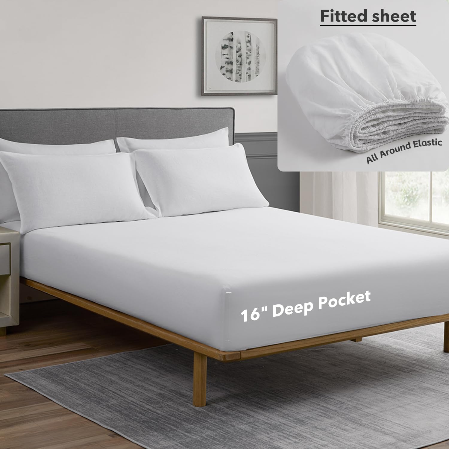 DAPU Linen Sheets Set Solid Color, Soft Breathable Sheets Set 4 PCs, Hypoallergenic French Linen Cotton Blend Bedding for Hot Sleepers(1 Flat Sheet, 1 Fitted Sheet and 2 Pillowcases) (White, Queen)