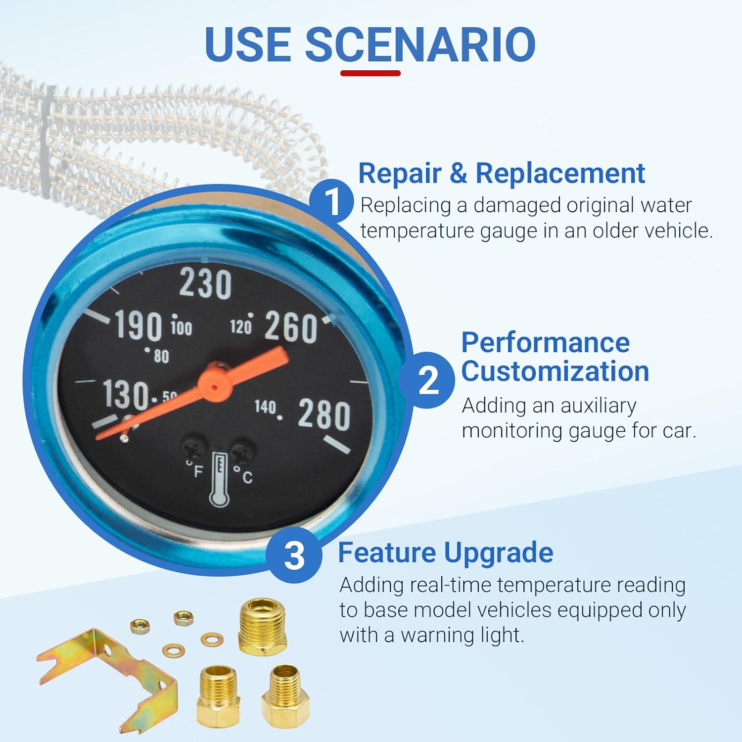 7-123 Water Temperature Gauge for Cars Ships Vehicles Trucks Accessories, 12V Pointer Mechanical Water Temp Gauge with Yellow Light, 50-140°C/130-280°F Temperature Range, 1.8m Wire Length