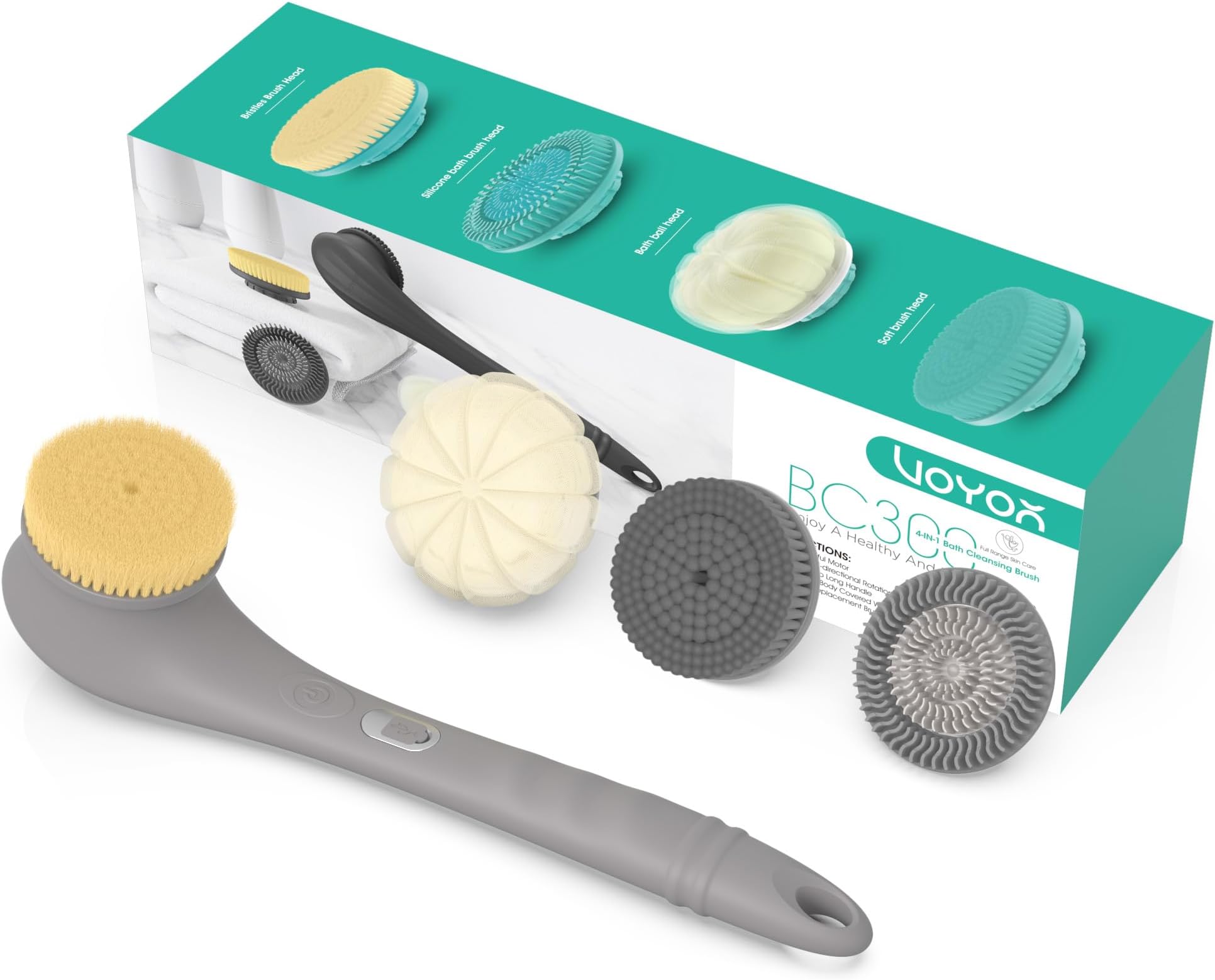 VOYOR Electric Body Brush Back Scrubber Silicone Body Scrubber Two-Way Rotating Brush Head for Deep Cleaning, Exfoliation, 4 Attachments Long Handle IPX6 Rechargeable Shower Brush BC300 (Grey)
