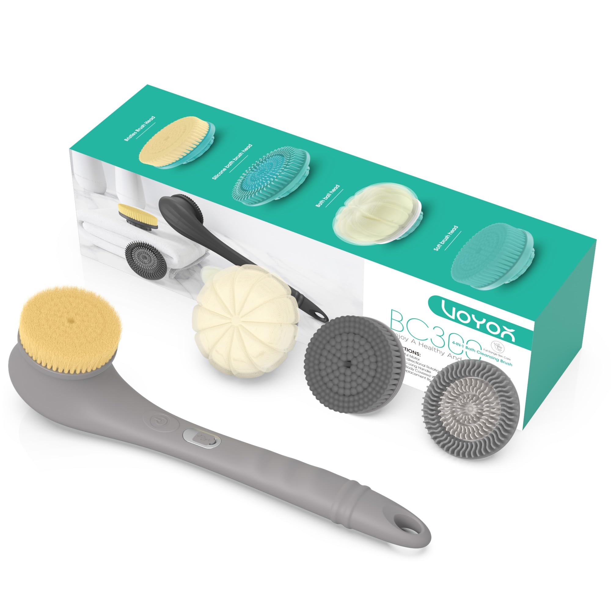 VOYOR Electric Body Brush Back Scrubber Two-Way Rotating Brush Head 4 Accessories for Whole Body, Rechargeable Cordless IPX6 Waterproof Body Exfoliating Brush, Long Handle Bath Brush BC300 (Grey)