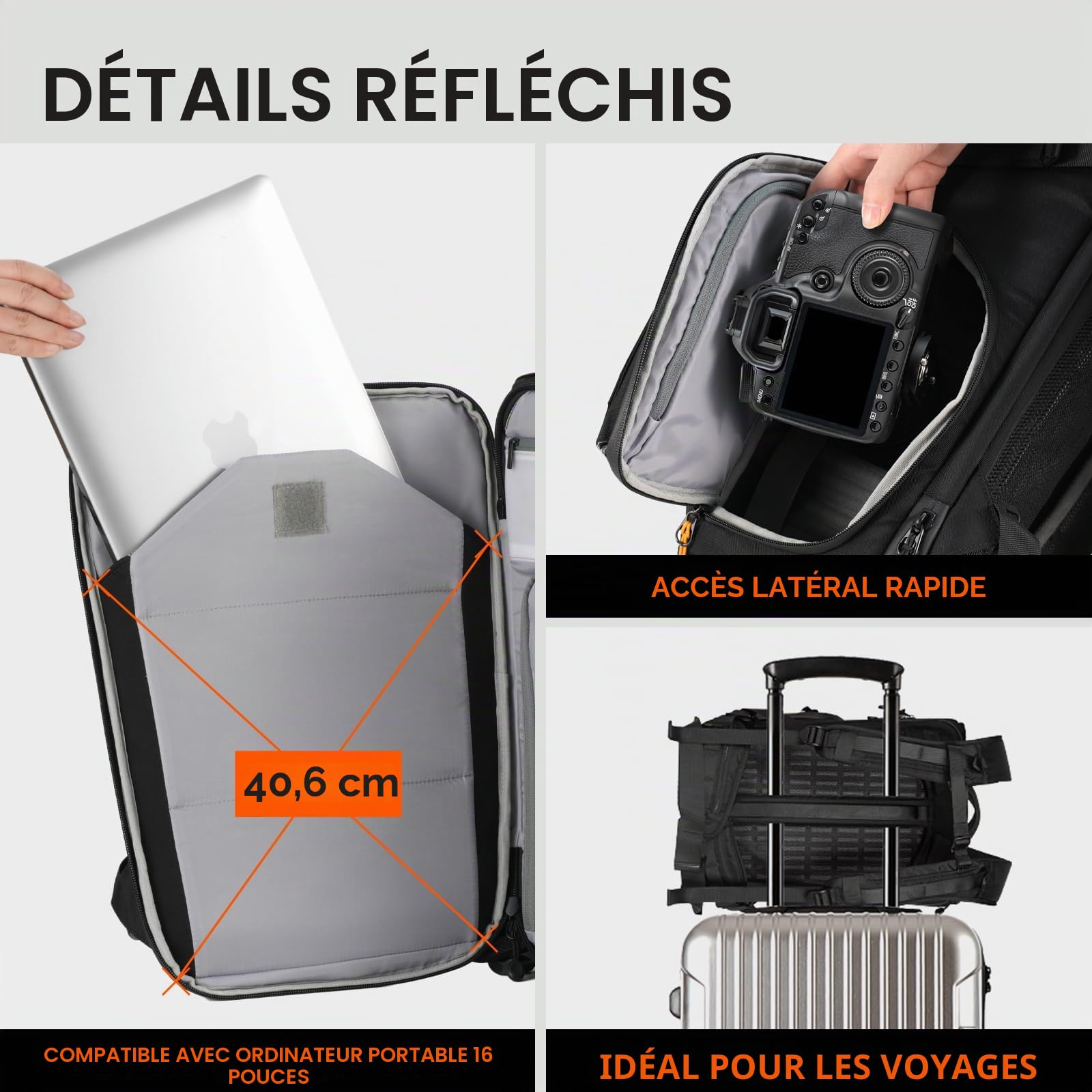 TARION Sac à Dos Photo Professionnel - Compartiment 16'' pour PC + Ouvertures Latérale/Arrière Rapides, Housse Imperméable et Ceinture Amovible - Pour Appareils DSLR Thorner
