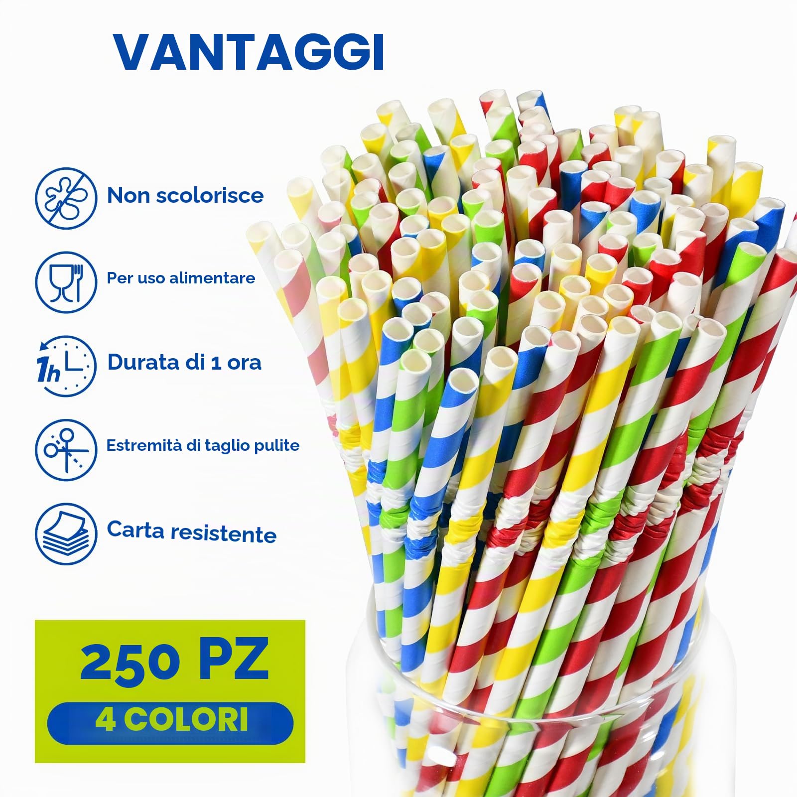 Cannucce di carta usa e getta flessibili, 19,7 x 0,6 cm, 100% biodegradabili, a strisce colorate, confezione da 250