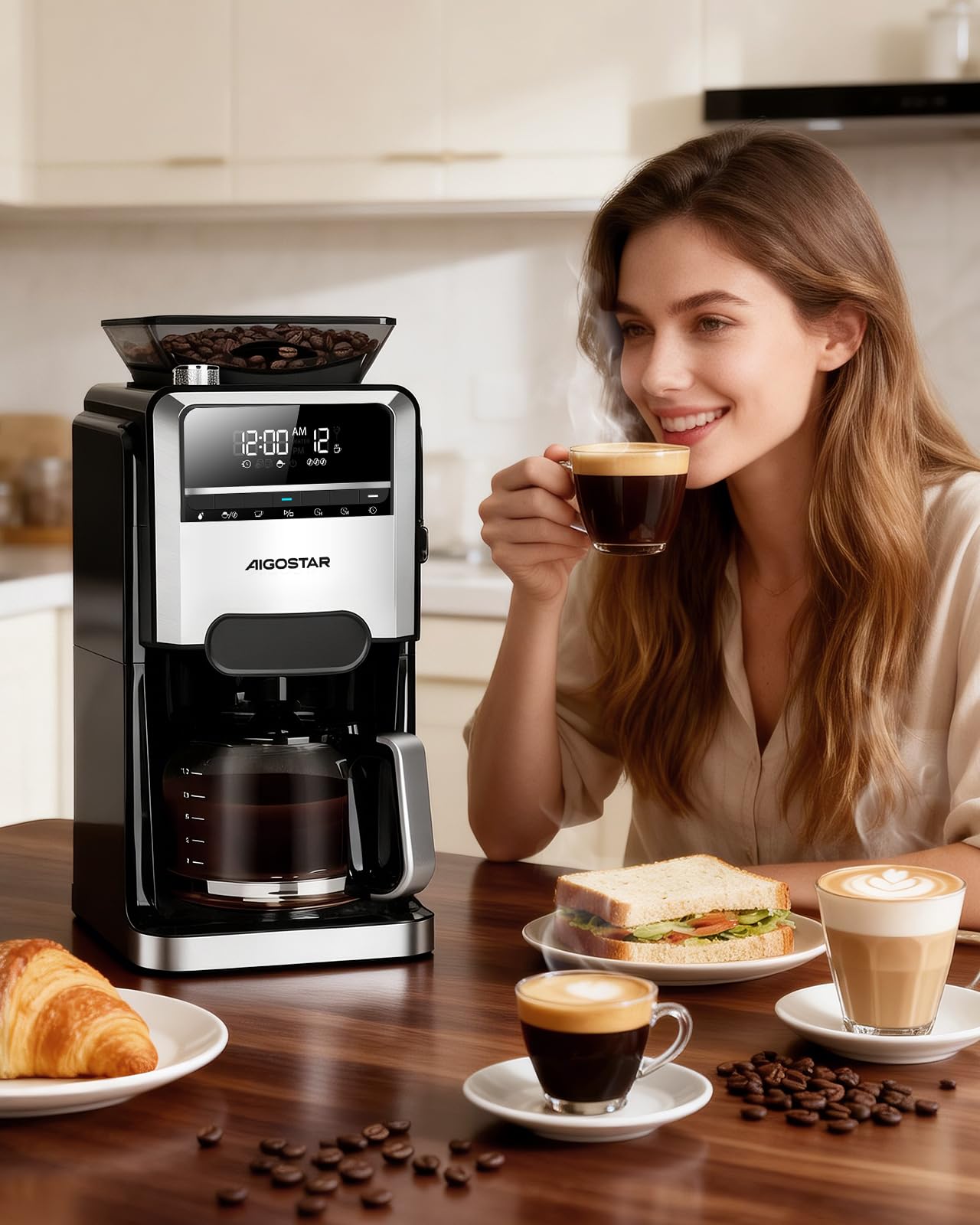 Aigostar Cafetiere a Grain Avec Broyeur Intégré, 1400W Machine a Cafe Grain, 7 Moutures, 3 Intensités, 1,5 L (2-12 Tasses), 24H Cafetière Programmable, Maintien Température, Noir - Personnalisez Café
