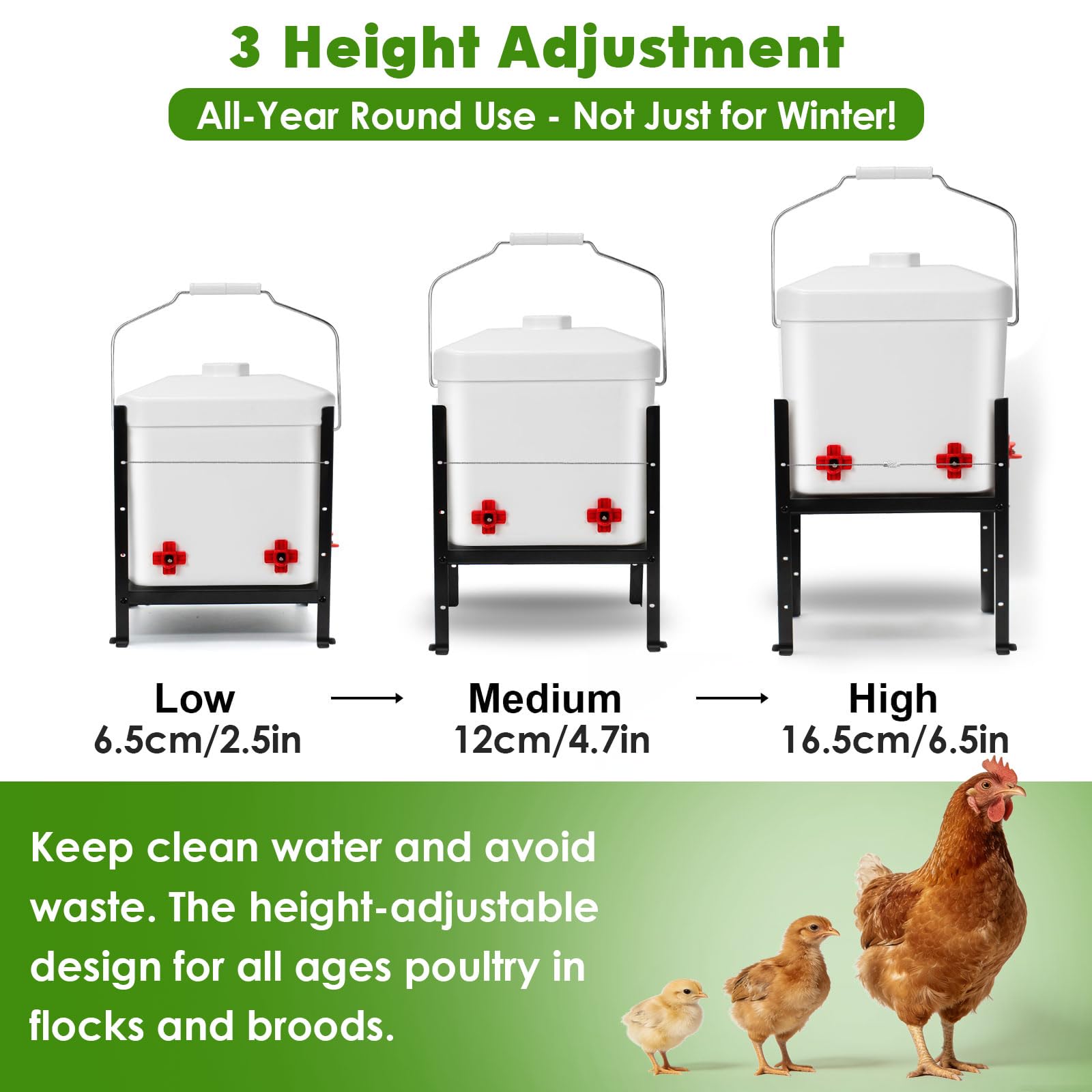 Calentador de agua para pollos de 3.8 galones con 4 pezones y altura ajustable, 2 en 1 a prueba de congelación, calentador de pollos antivuelco para pavos, patos, gansos, aves de corral en gallinas de