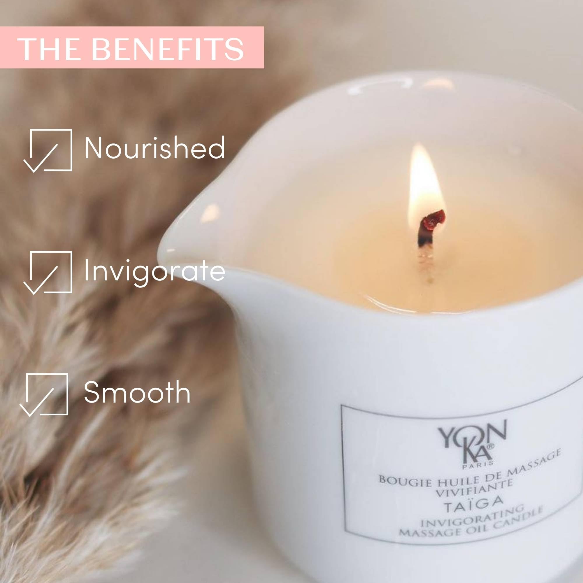 Yonka – Vela de Masaje Taïga – Relajación Íntima – Ingredientes Naturales Nutritivos – Aromas Amaderados Calmantes – Masaje Caliente – Uso Versátil