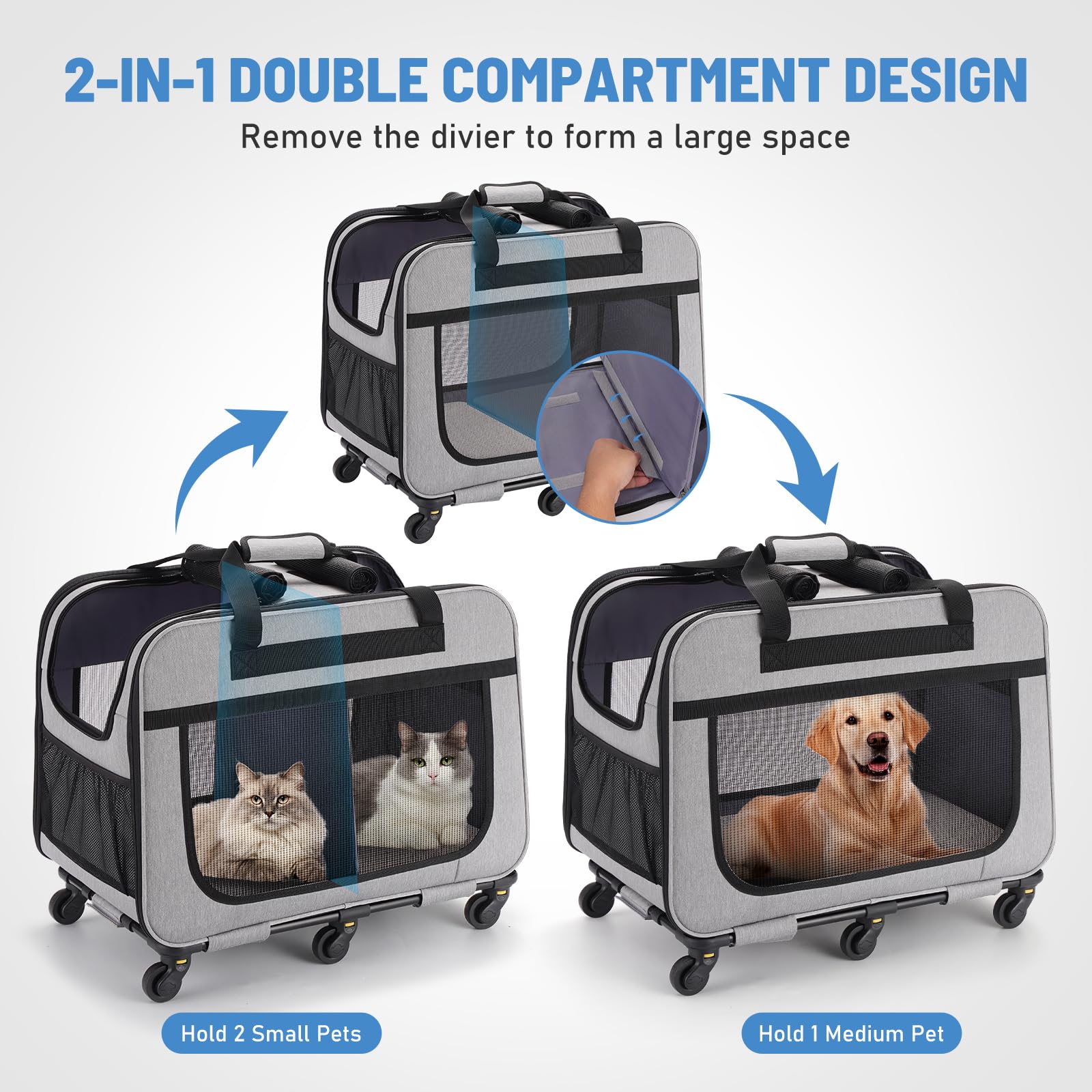 Trasportino Trolley XL per 2 Gatti Grandi o Cani Piccoli, 6 Ruote Stabili, Spazio Ampio 2-in-1, Fino a 20 kg, Con Mesh Traspirante e Manico Telescopico