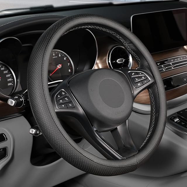 SEG Direct Microfiber Leather Black Steering Wheel Cover Universal Fit 37 - 39cm