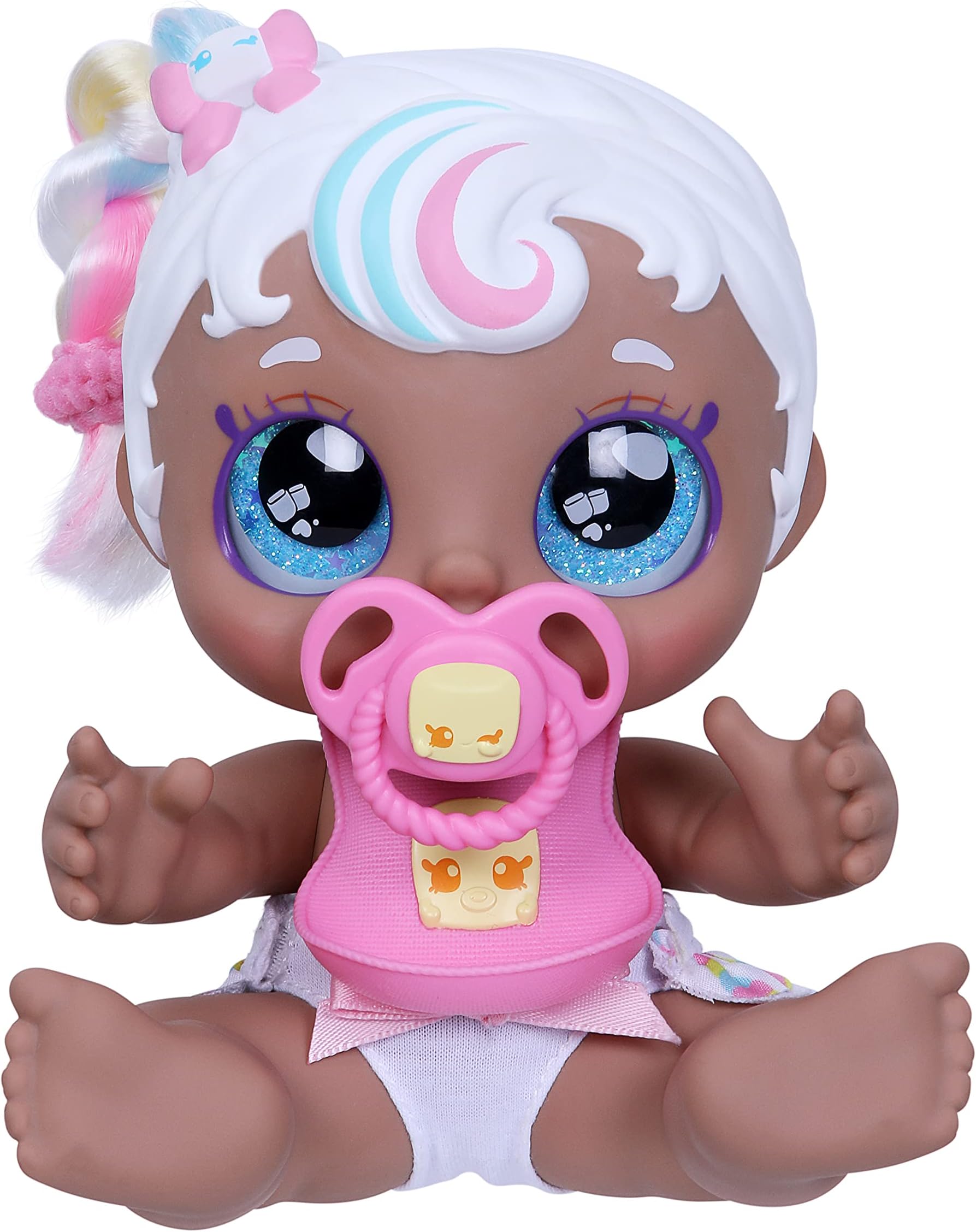 Mini Mello Scented Kisses Little Sister Official Baby Doll with Big Glitter Eyes, Chubby, Squishy Arms and Legs, Removeable Nappy, Dummy and Bib