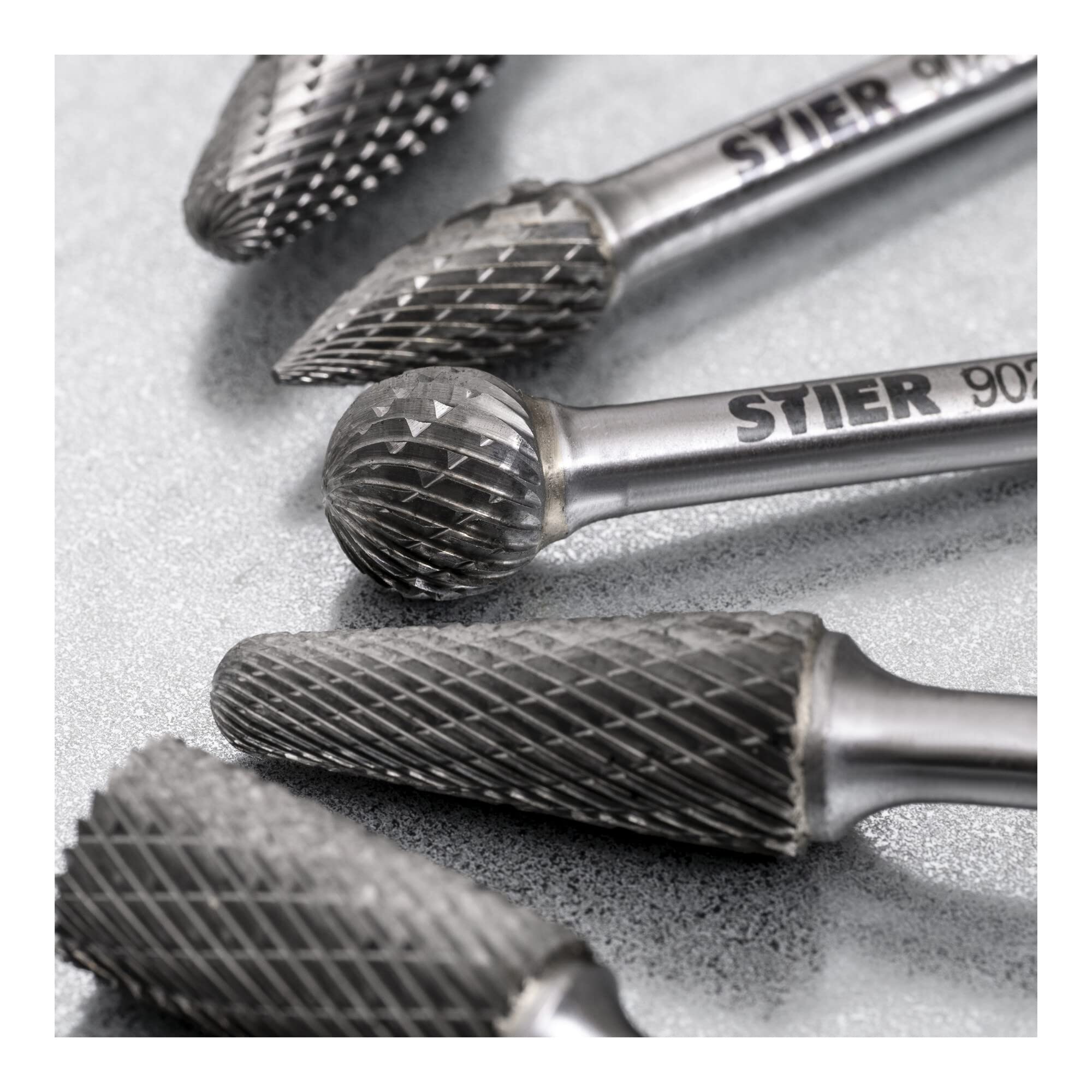 STIER Frässtifte-Set 10-teilig, 6 mm Schaftdurchmesser, Fräsformen: Zylinder Stirnverzahnung Walzenrundform Oval Tropfen Spitzbogen, hohe Schnittgeschwindigkeit 840 m/min