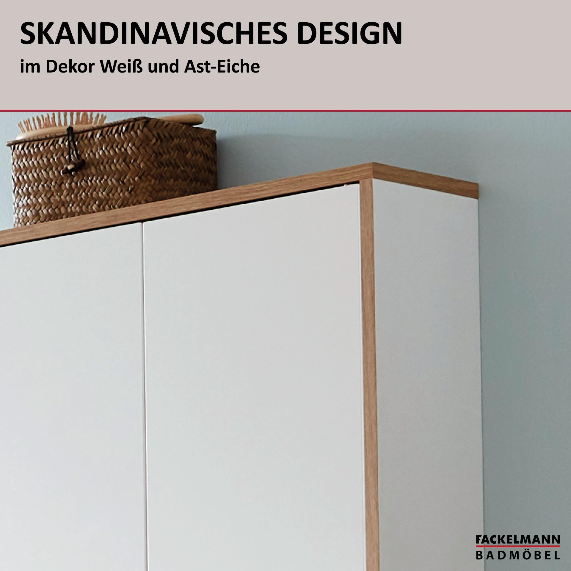 FACKELMANN Finn Hängeschrank Weiß im Retrostil, 60 cm breit, mit Push-to-Open Technik und Rahmendekor in Eichen-Optik, ideal für kleine Bäder und Gäste WCs