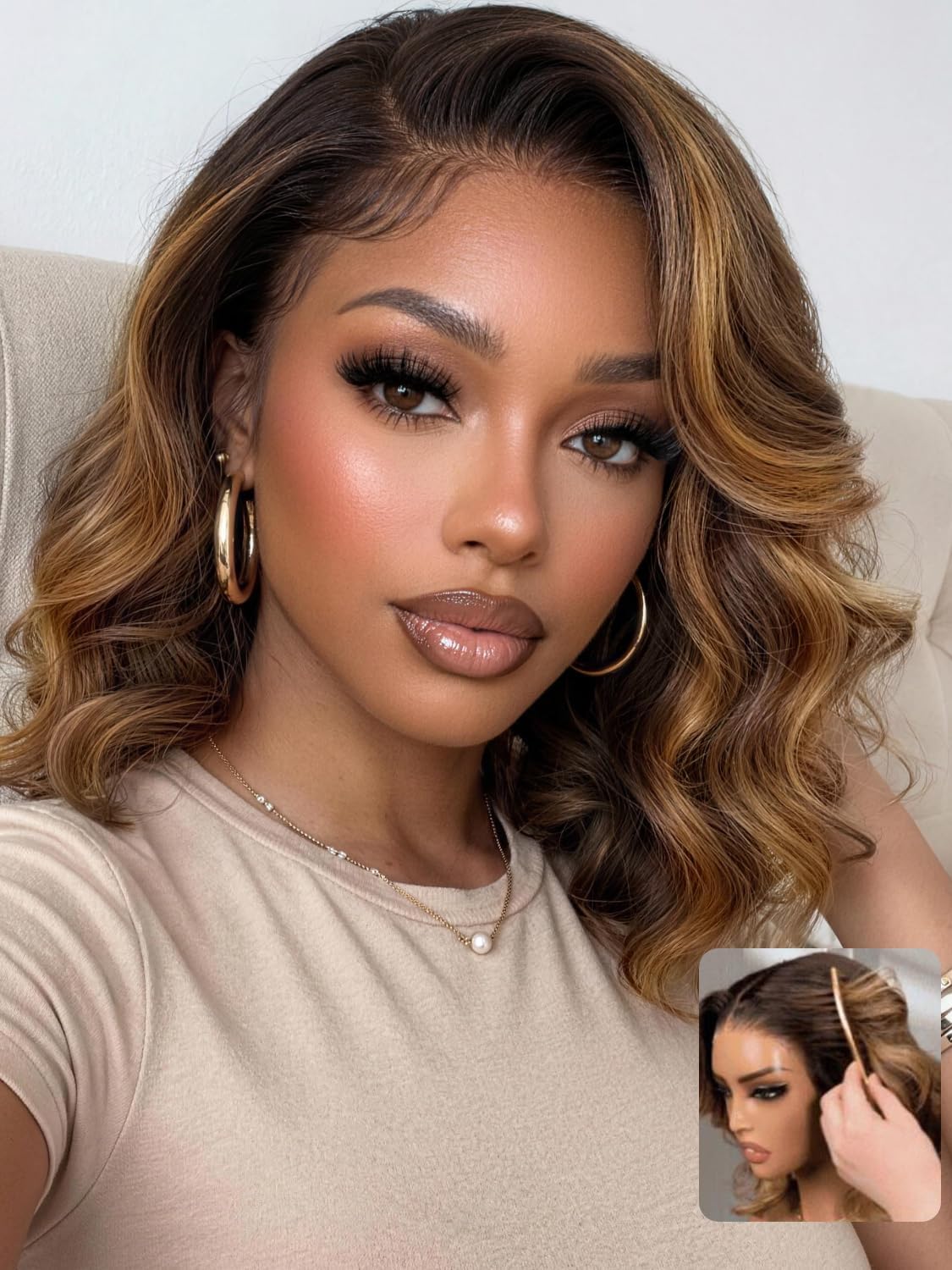 UNICE Human Hair Wig Wavy Bob Glueless 7x5 HD Lace Front, Pre Plucked Pre Cut, Chocolate Brown with Honey Blonde Highlights, Drawstring No Slip, Ready to Wear Beginner Friendly 14 inch